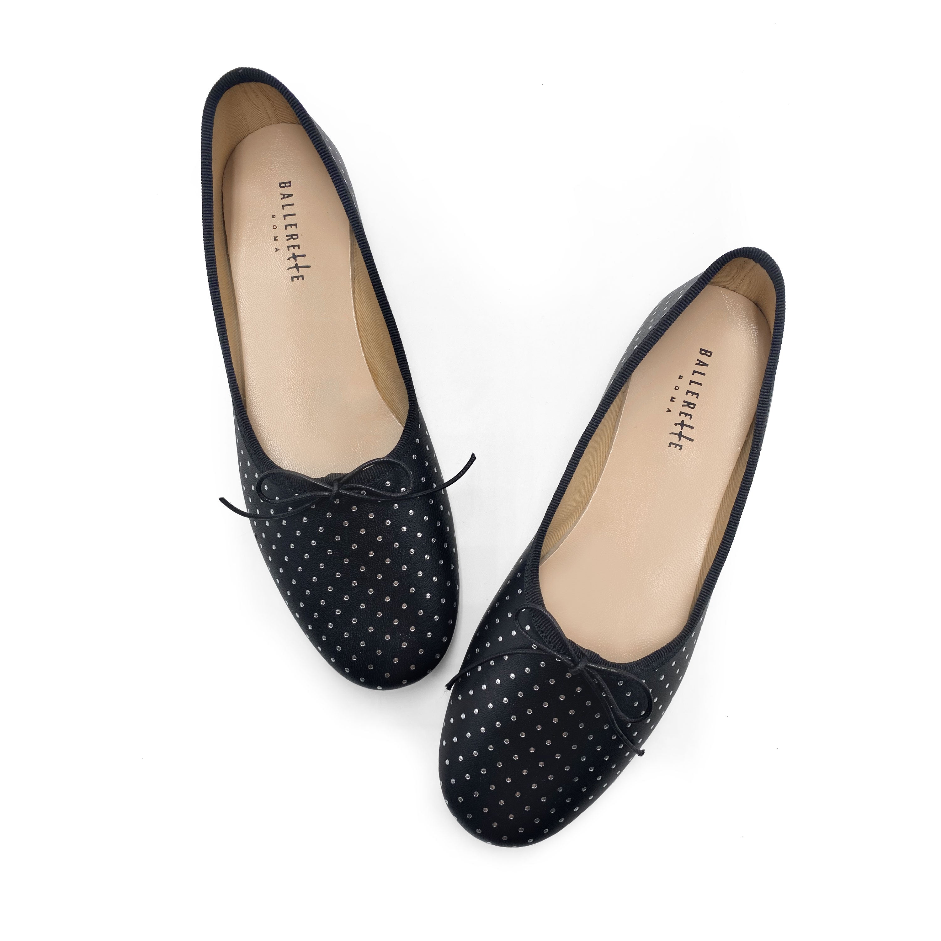 Ballerine accollate nere in pelle con micro pois argento