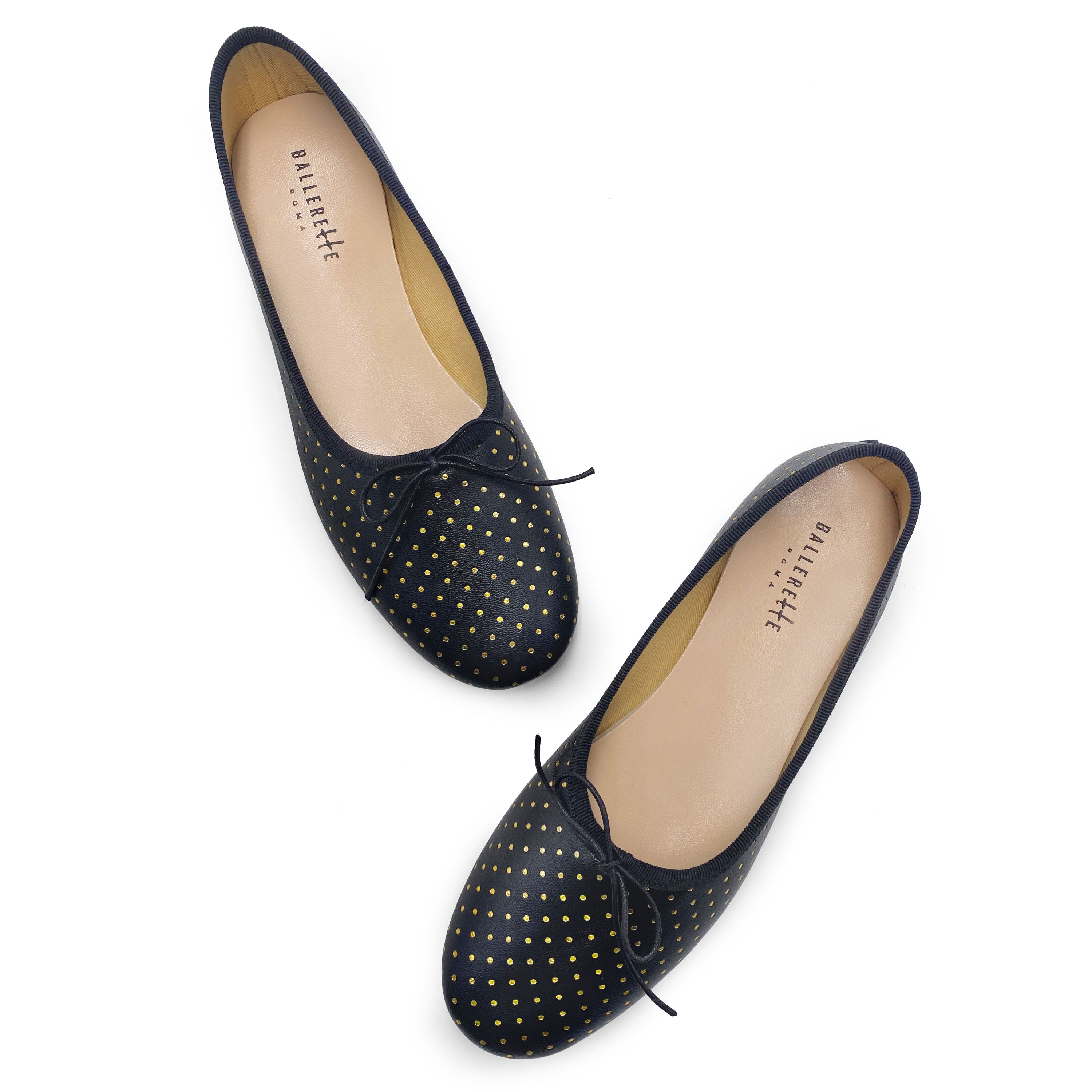 Ballerine accollate nere in pelle con micro pois oro
