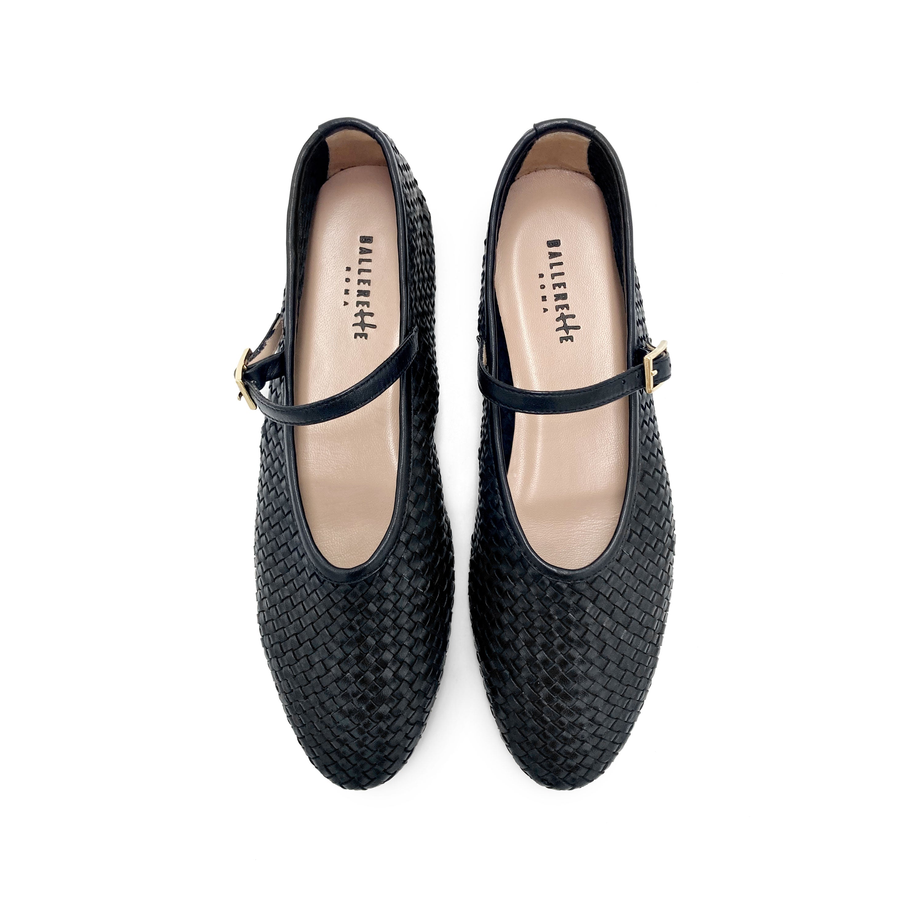 Black High-Cut Handwoven Leather Ballet Flats with Strap