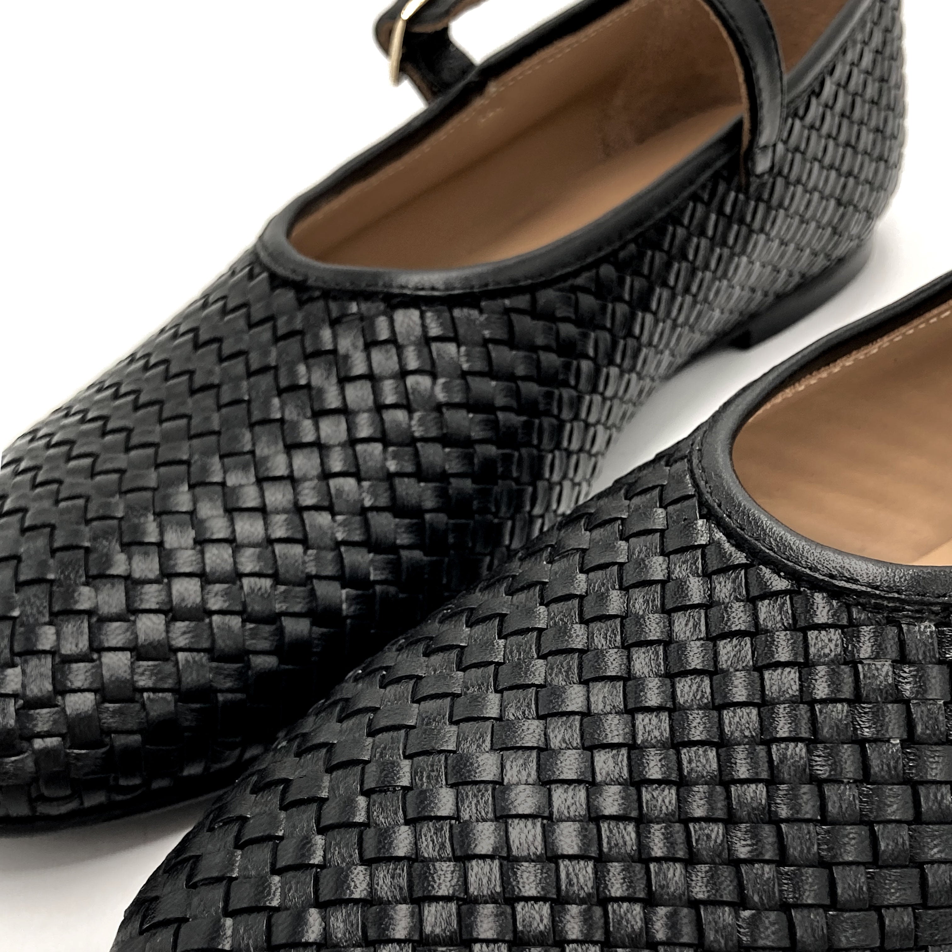 Black high cut handwoven leather ballet flats with strap