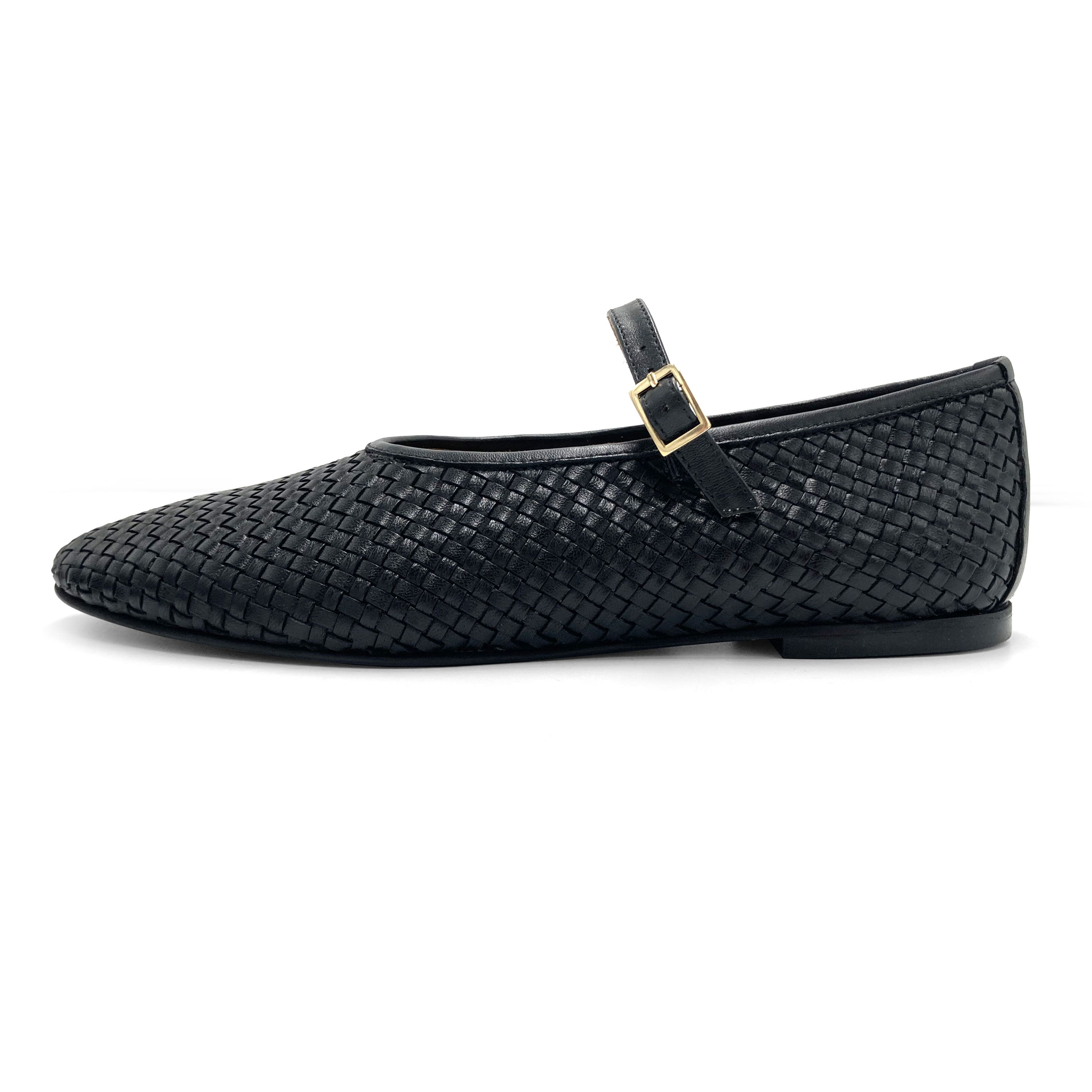 Black high cut handwoven leather ballet flats with strap