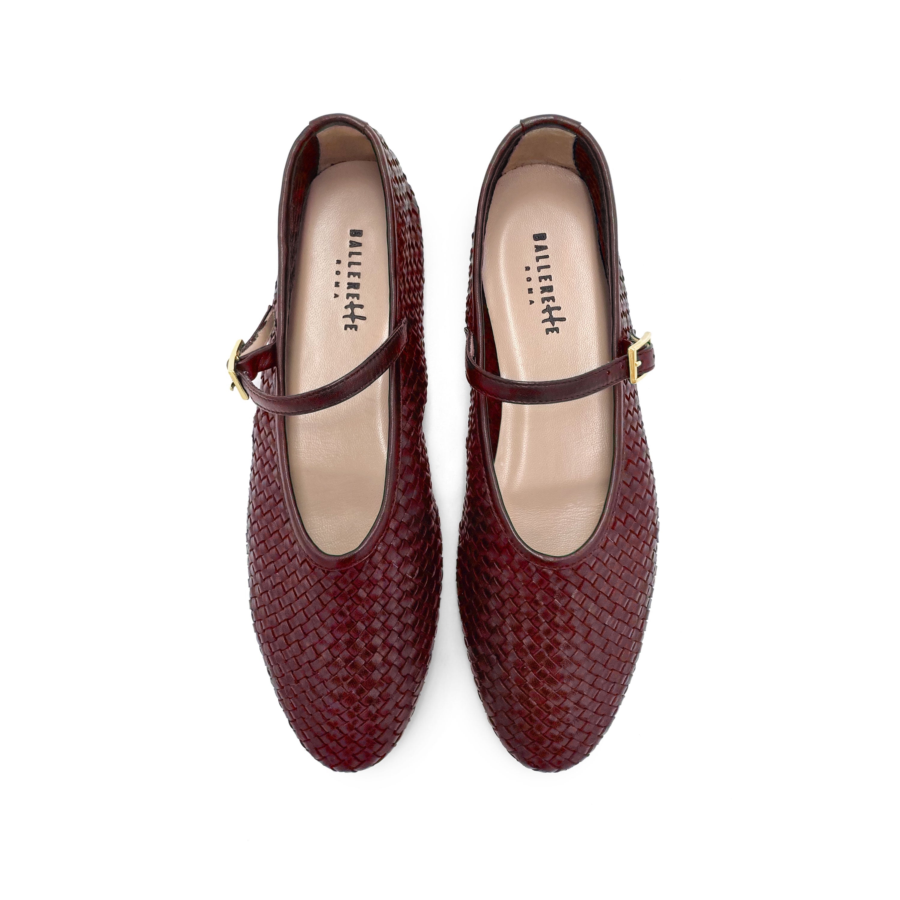 Burgundy high cut handwoven leather ballet flats with strap