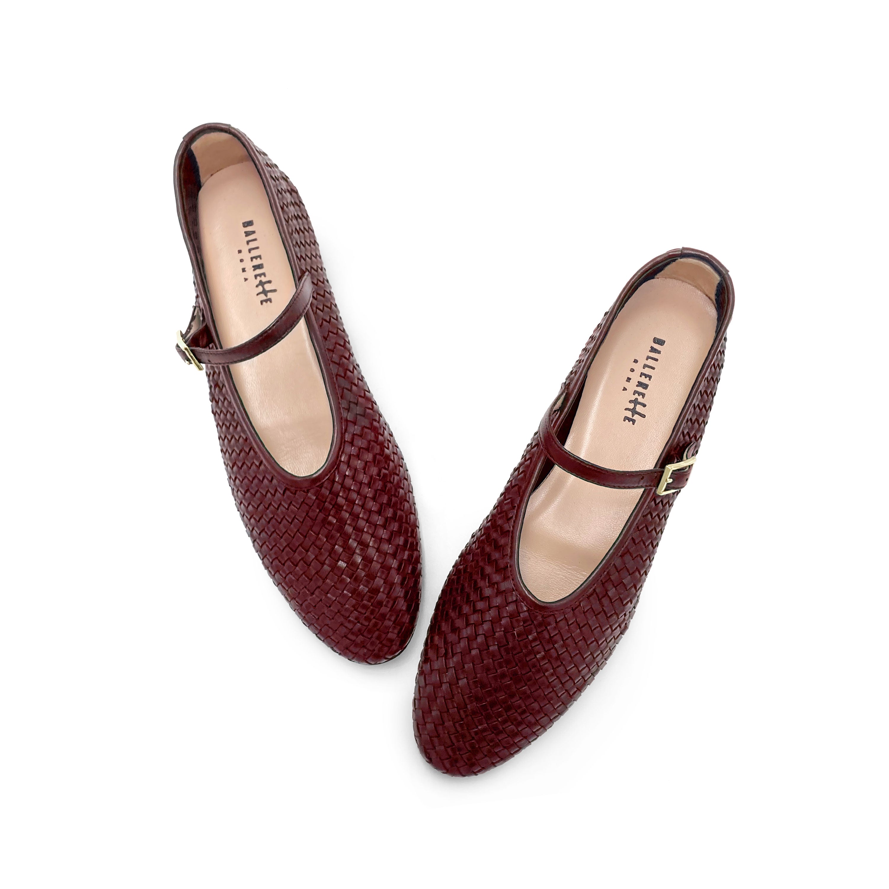 Burgundy high cut handwoven leather ballet flats with strap
