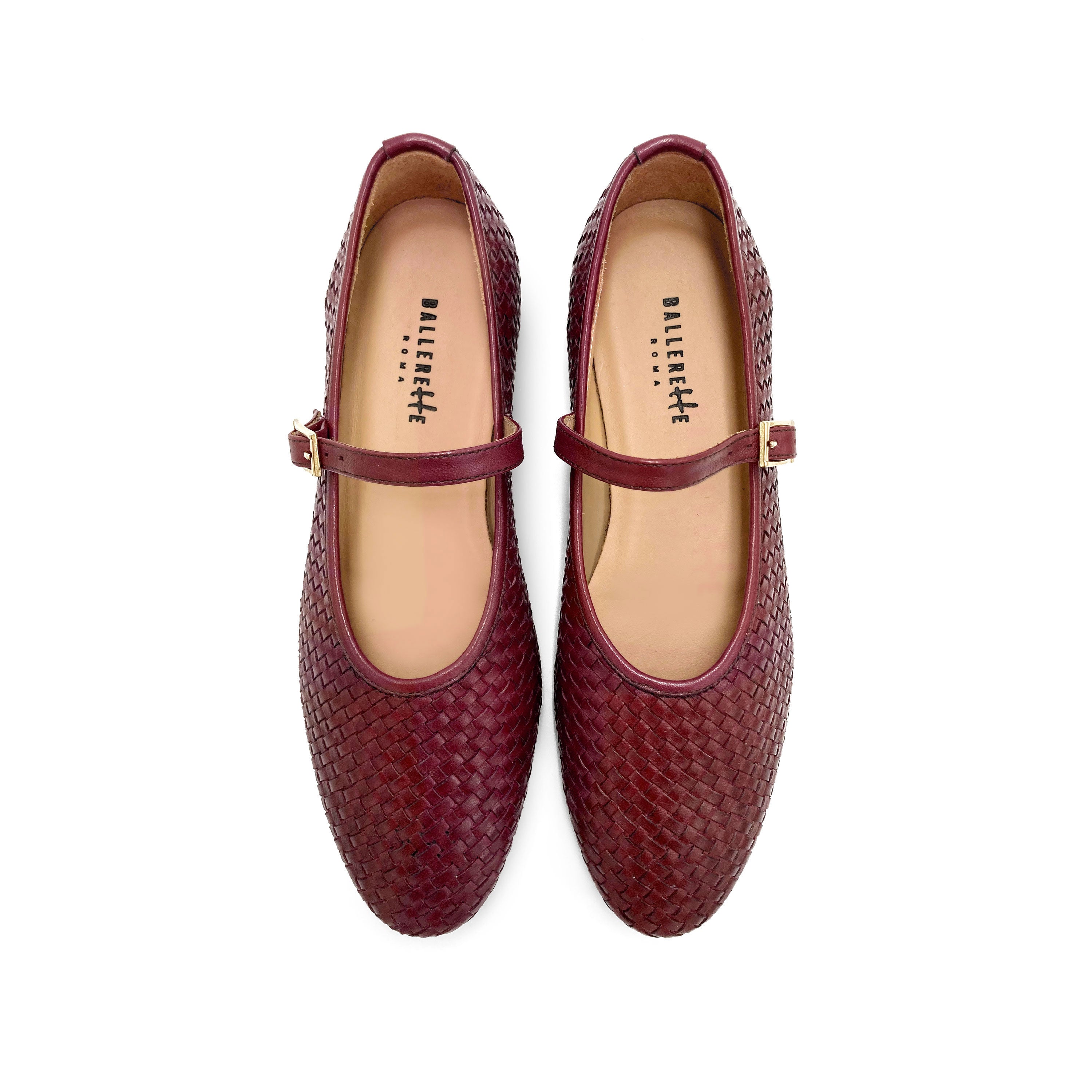 Burgundy high cut handwoven leather ballet flats with strap