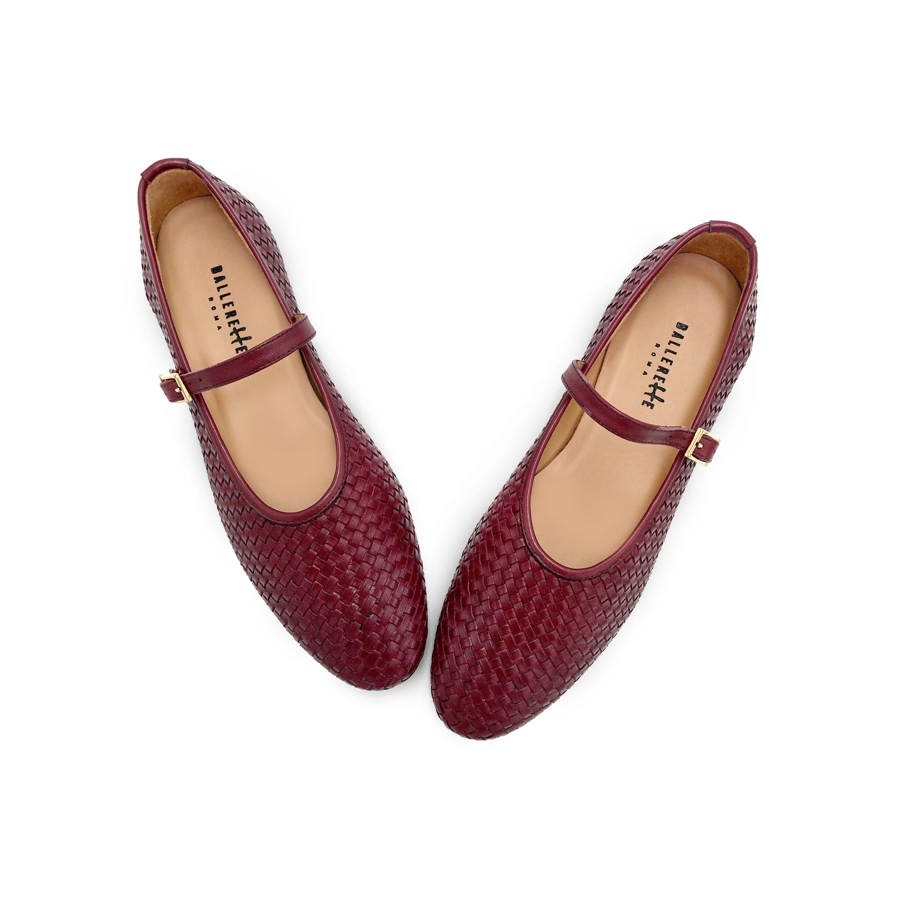 Burgundy high cut handwoven leather ballet flats with strap