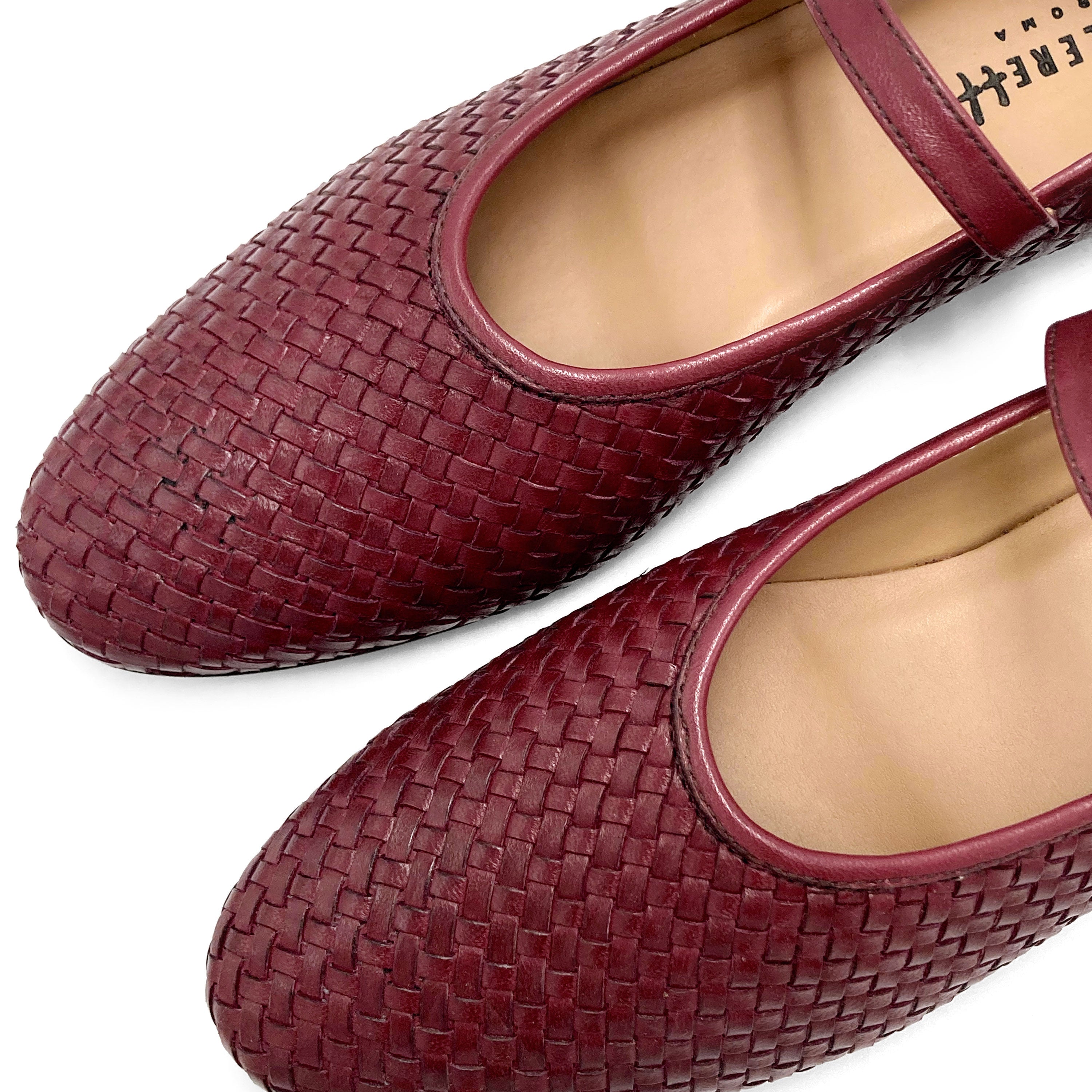 Burgundy high cut handwoven leather ballet flats with strap