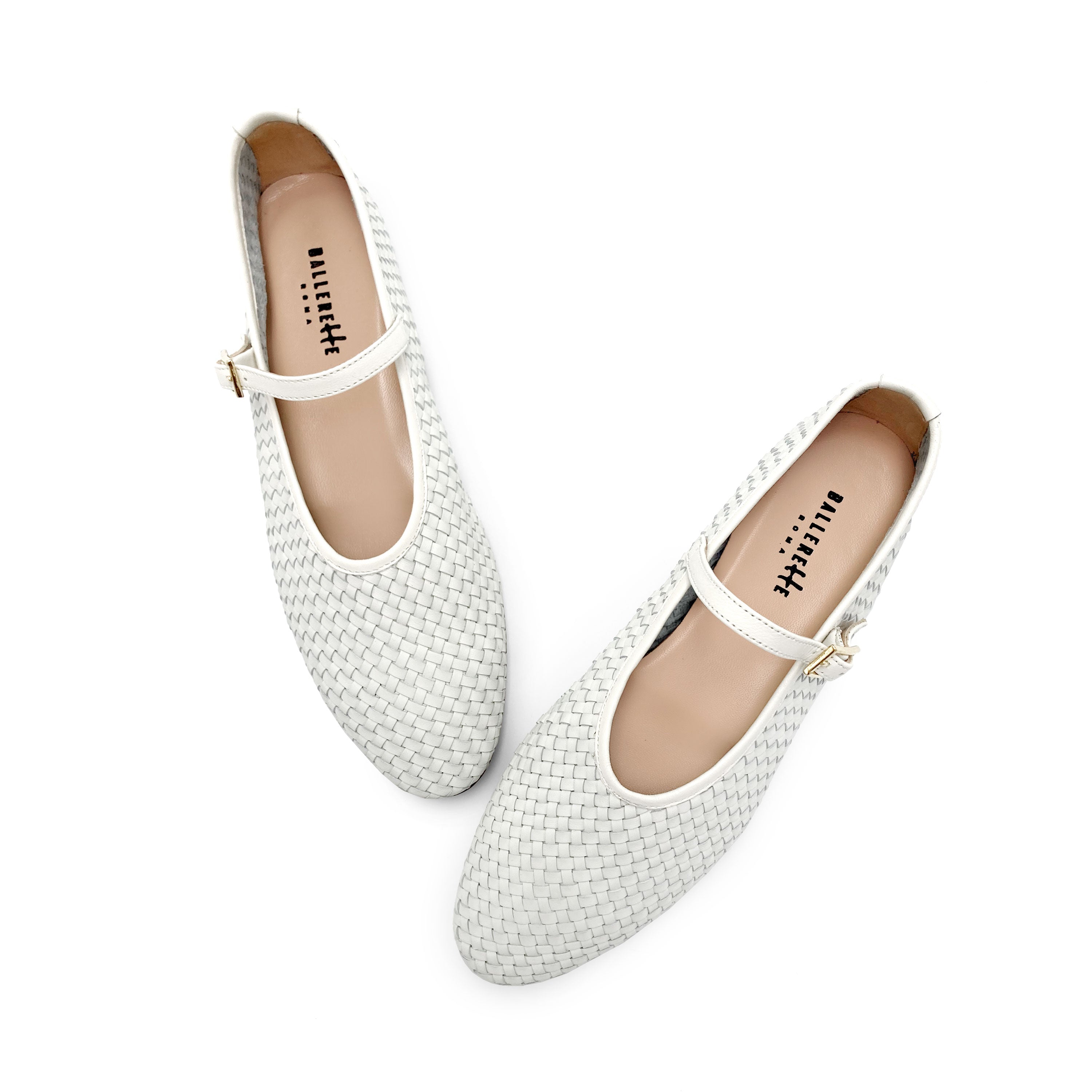 Ballerines blanches montantes en cuir tressé à la main avec bride