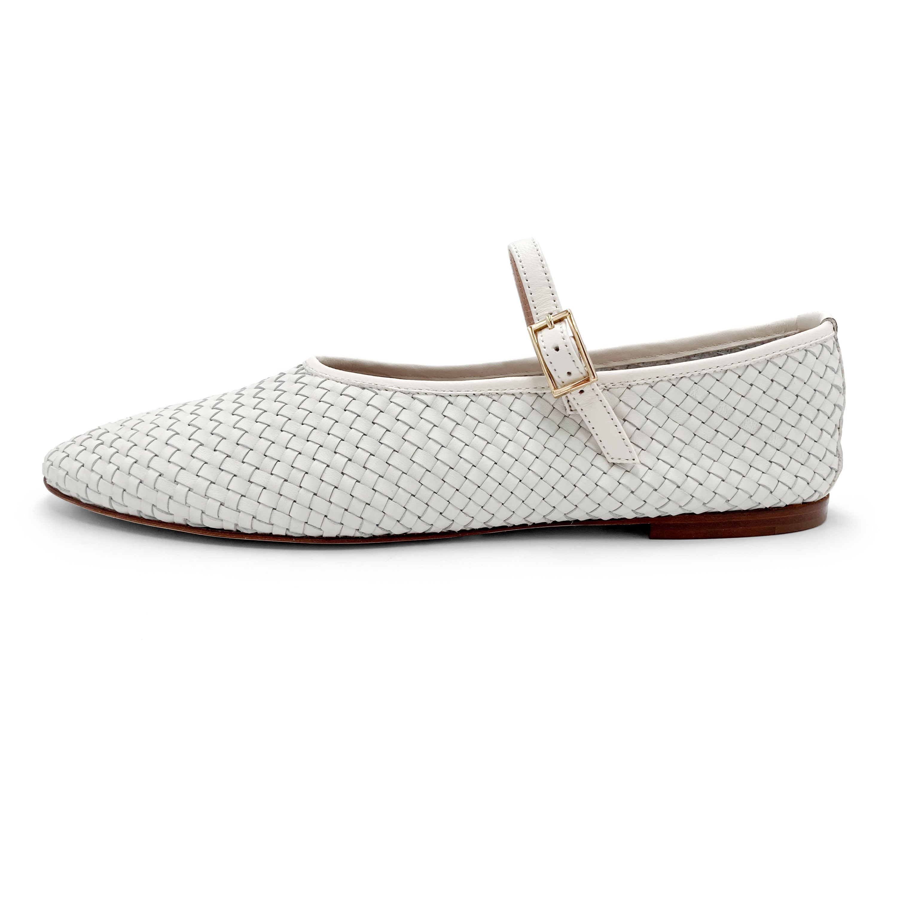 Ballerines blanches montantes en cuir tressé à la main avec bride