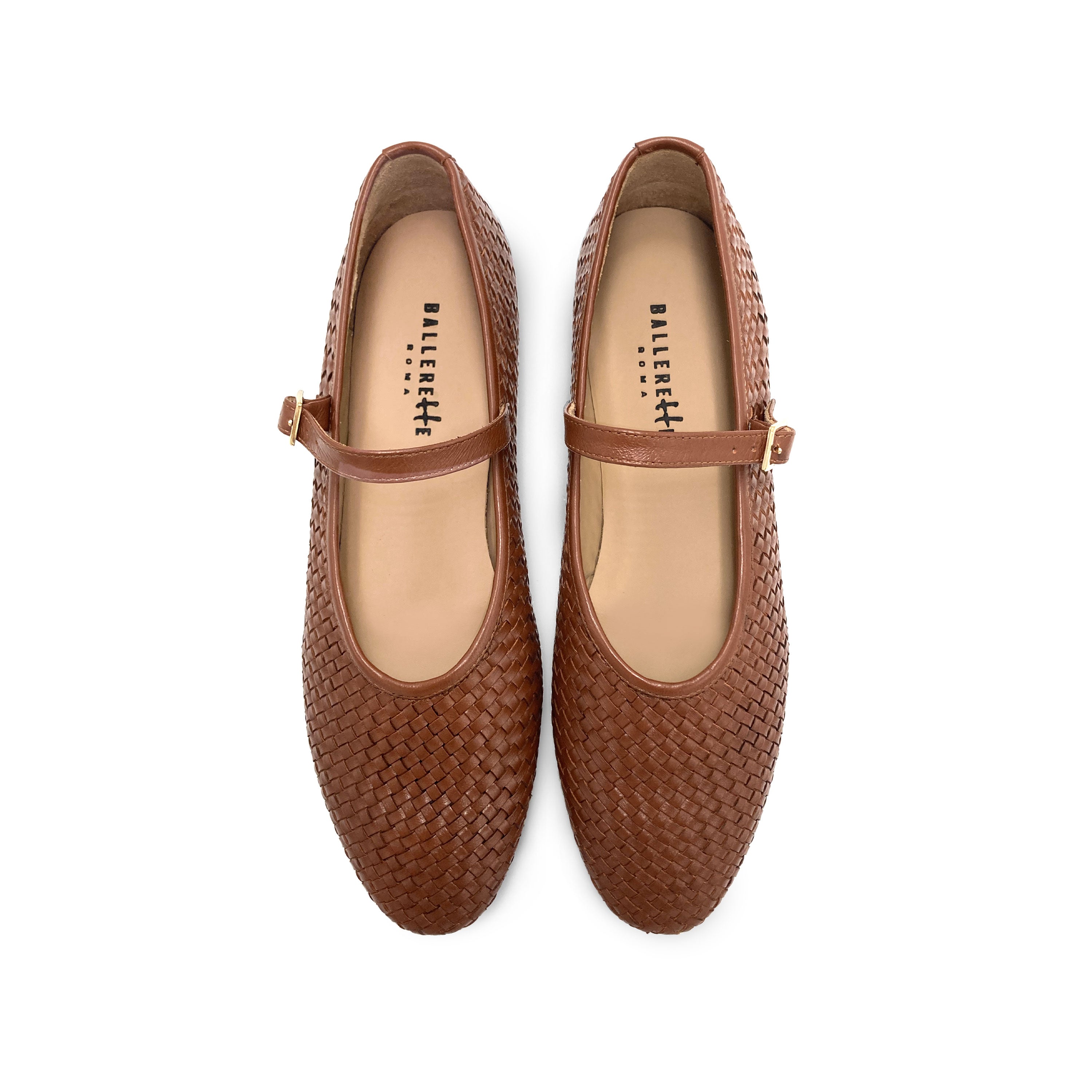 Brown high cut handwoven leather ballet flats with strap