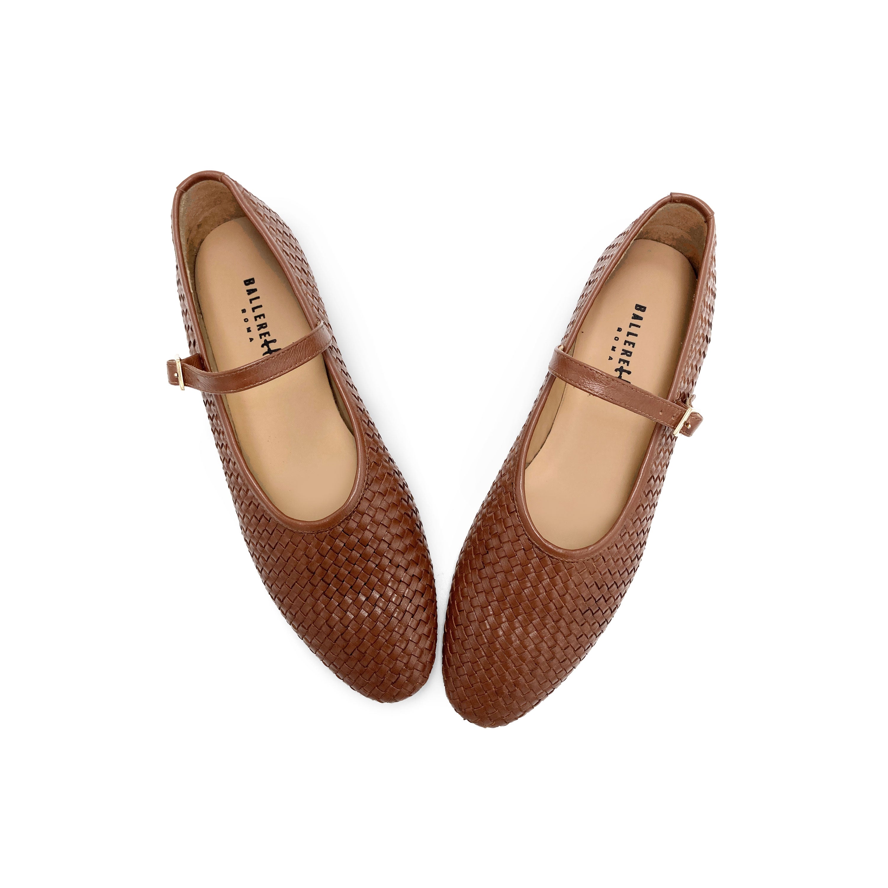 Brown high cut handwoven leather ballet flats with strap