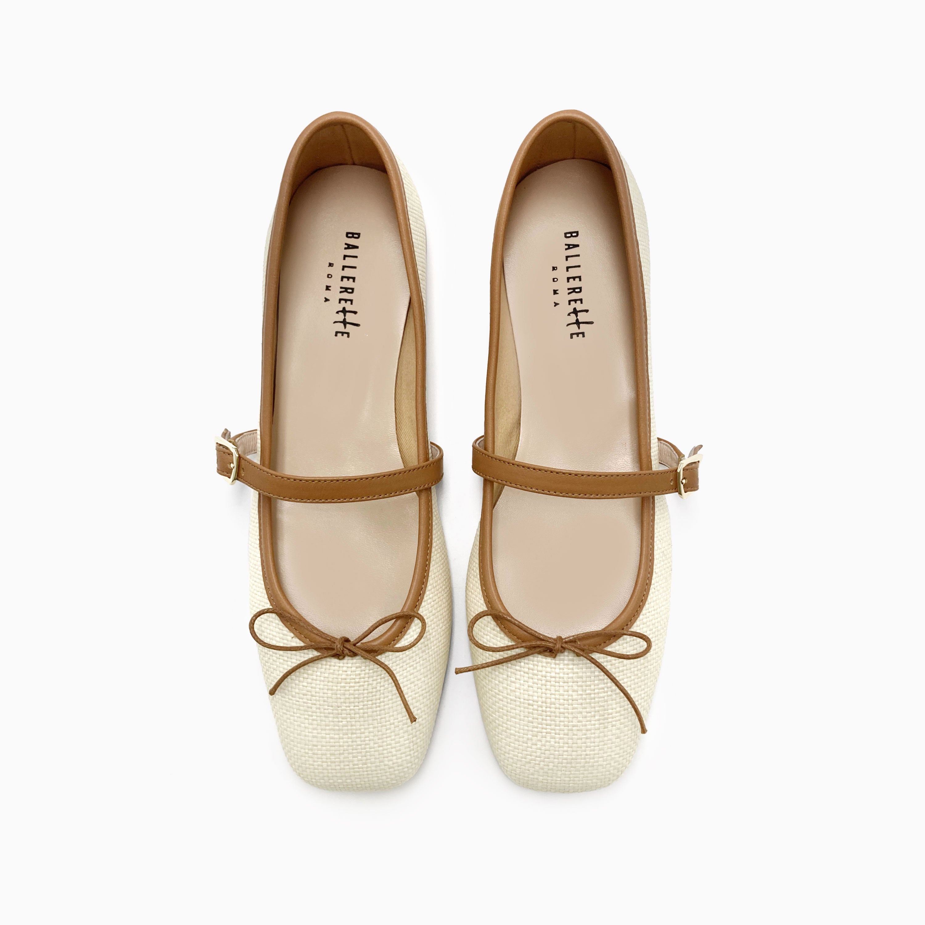 Summer Square Toe Mary Jane Ballet Flats with Beige Raffia Strap
