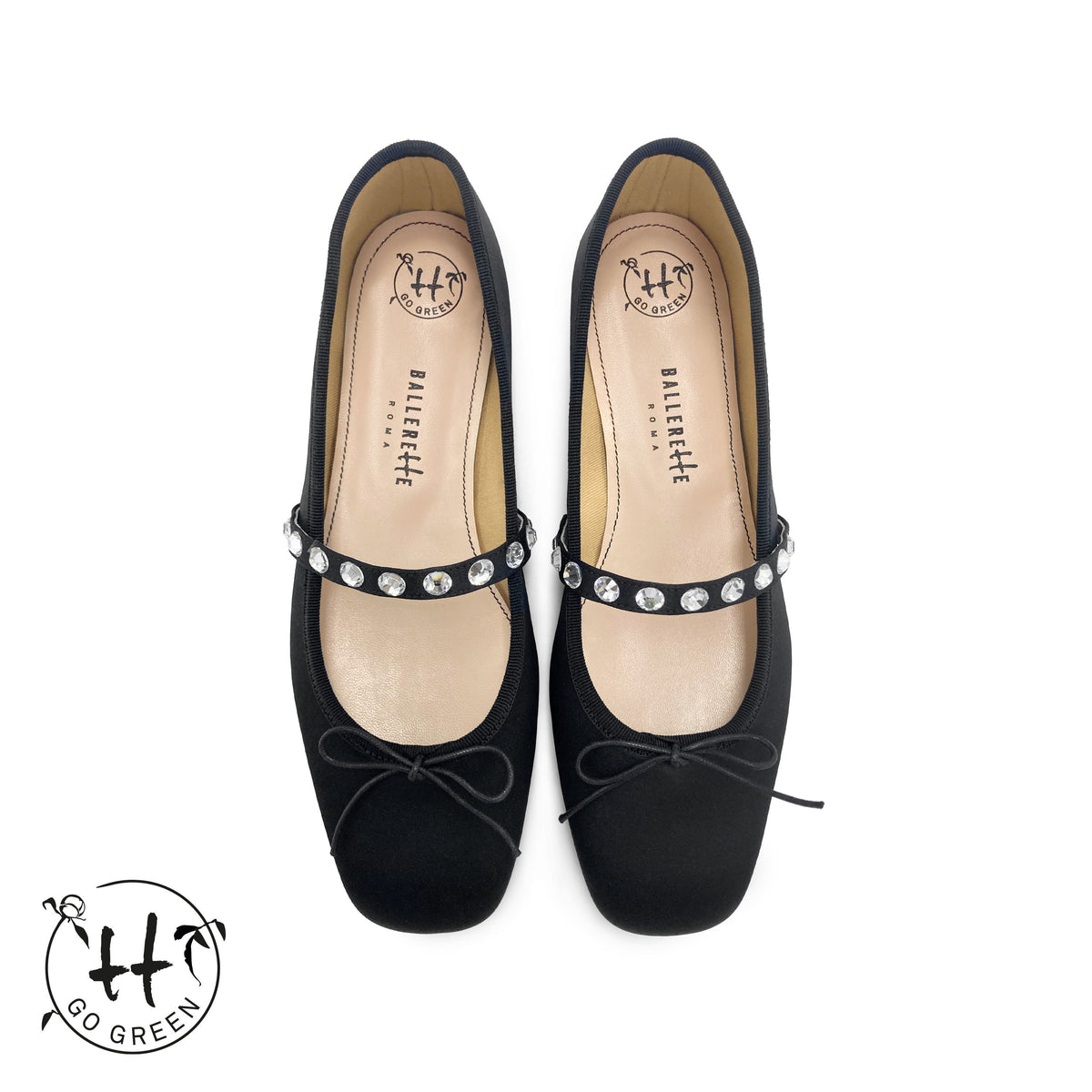 TT Go Green Collection - ballerines Mary Jane en satin eco noir avec bride bijou