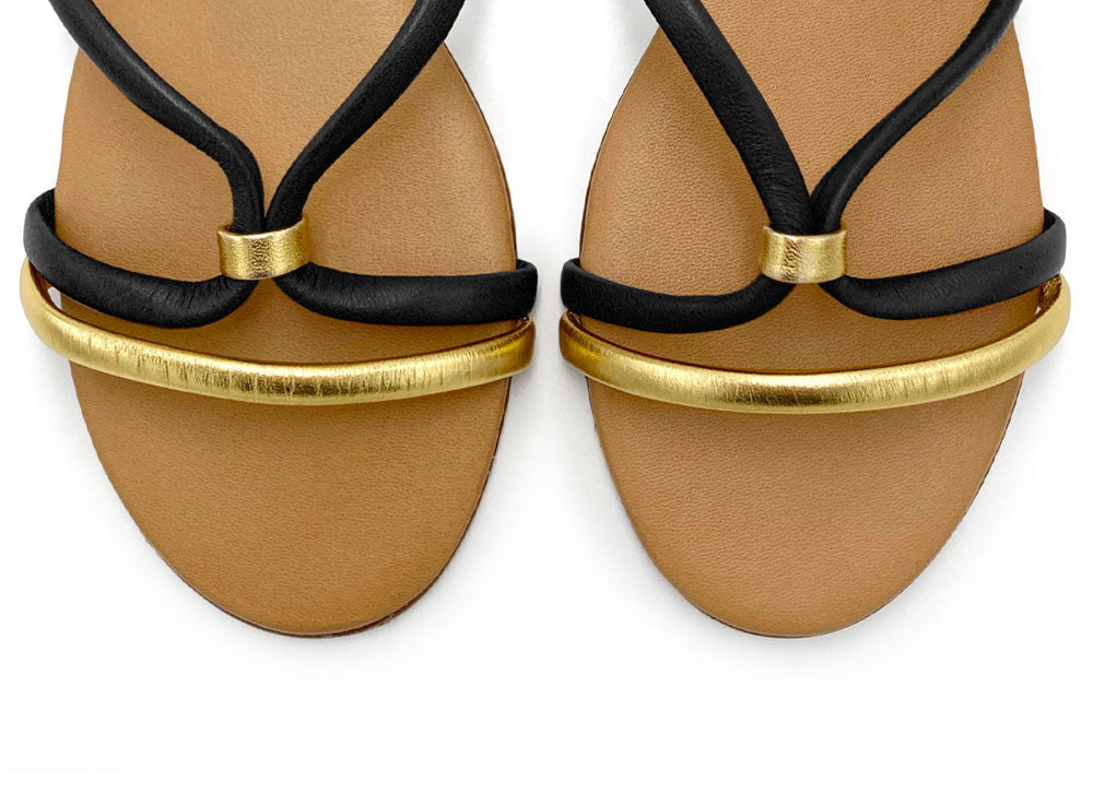 Anckle strap women flat sandals in black and gold leather