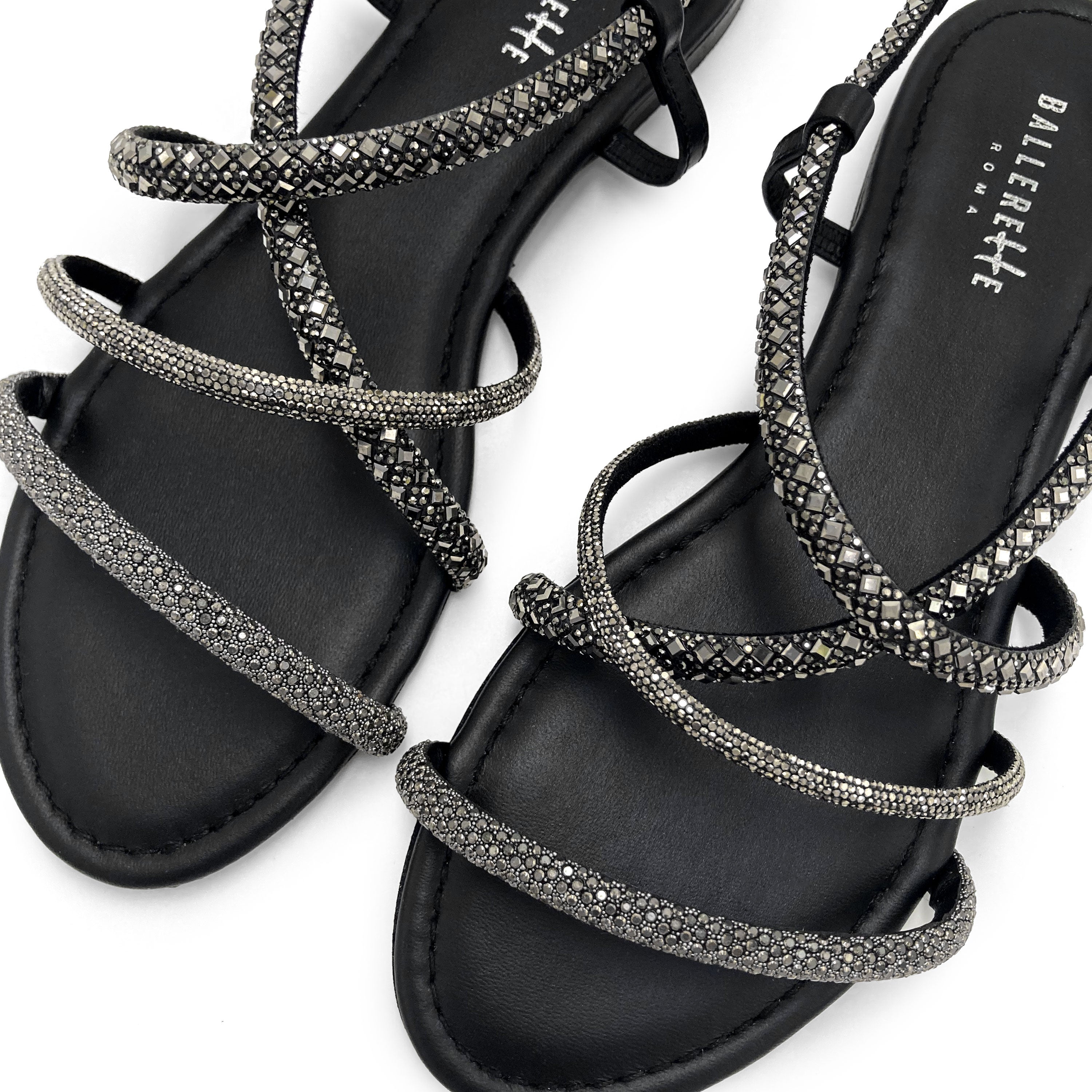 Iron-grey jeweled sandals with rhinestones