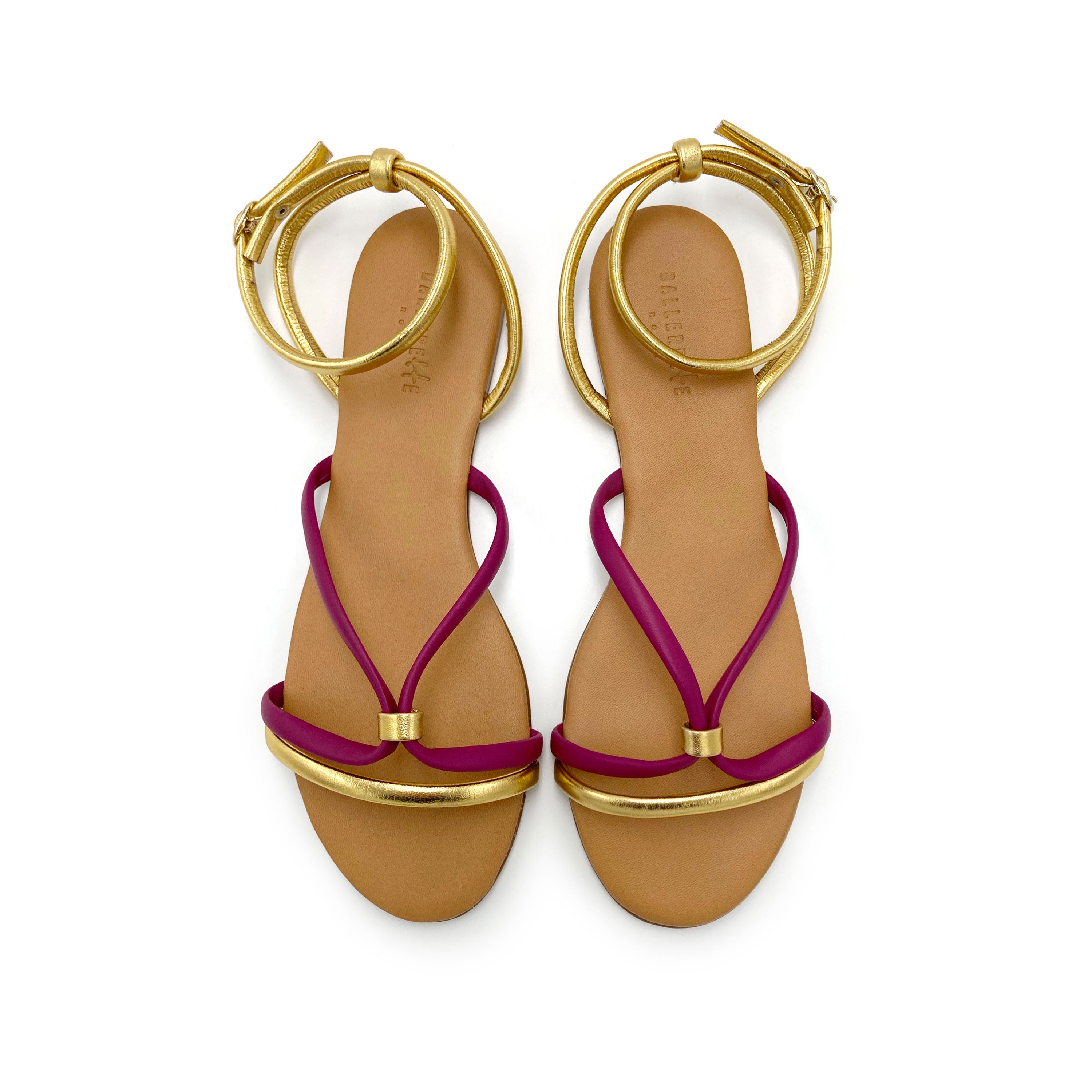 Anckle strap women flat sandals in fucsia and gold leather