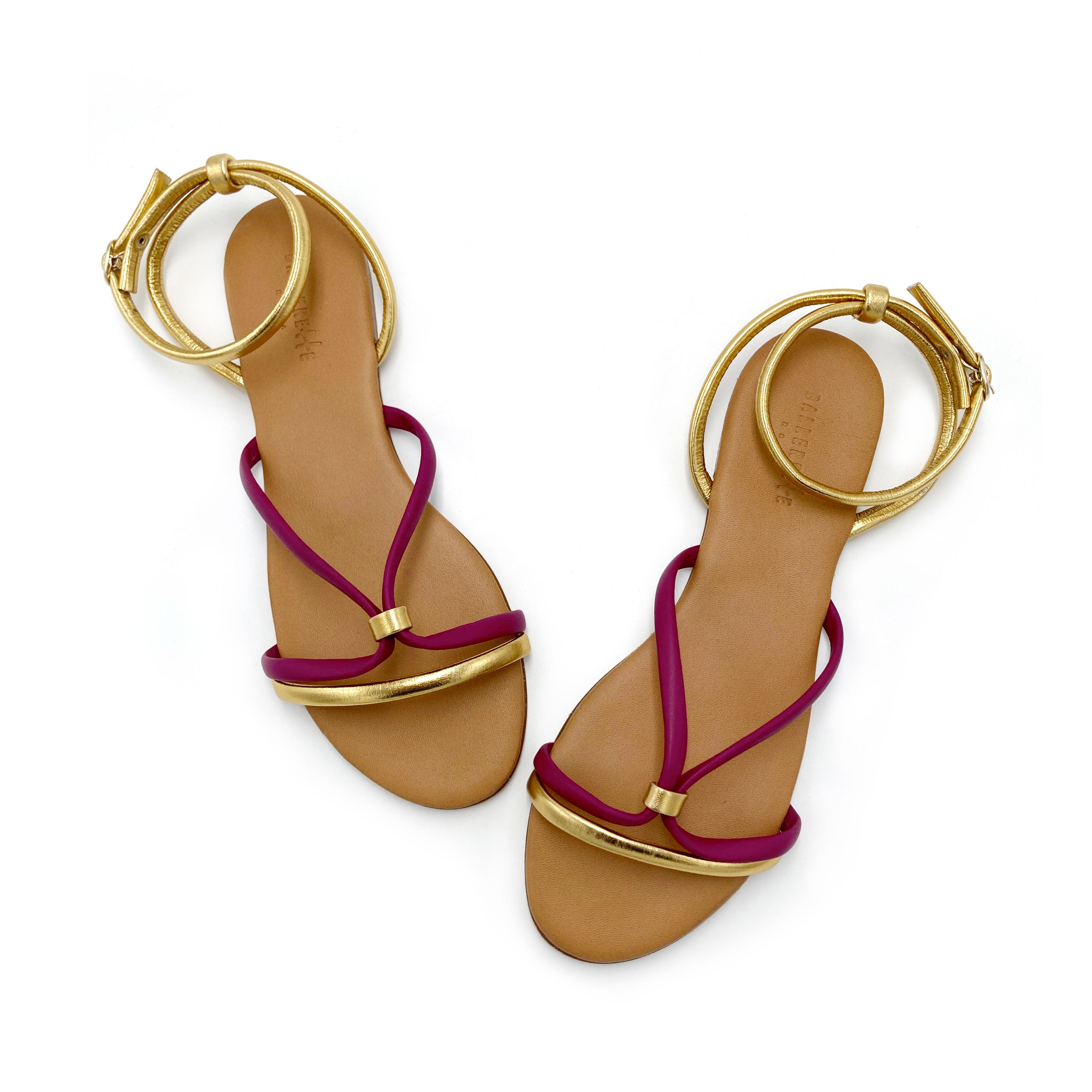 Anckle strap women flat sandals in fucsia and gold leather