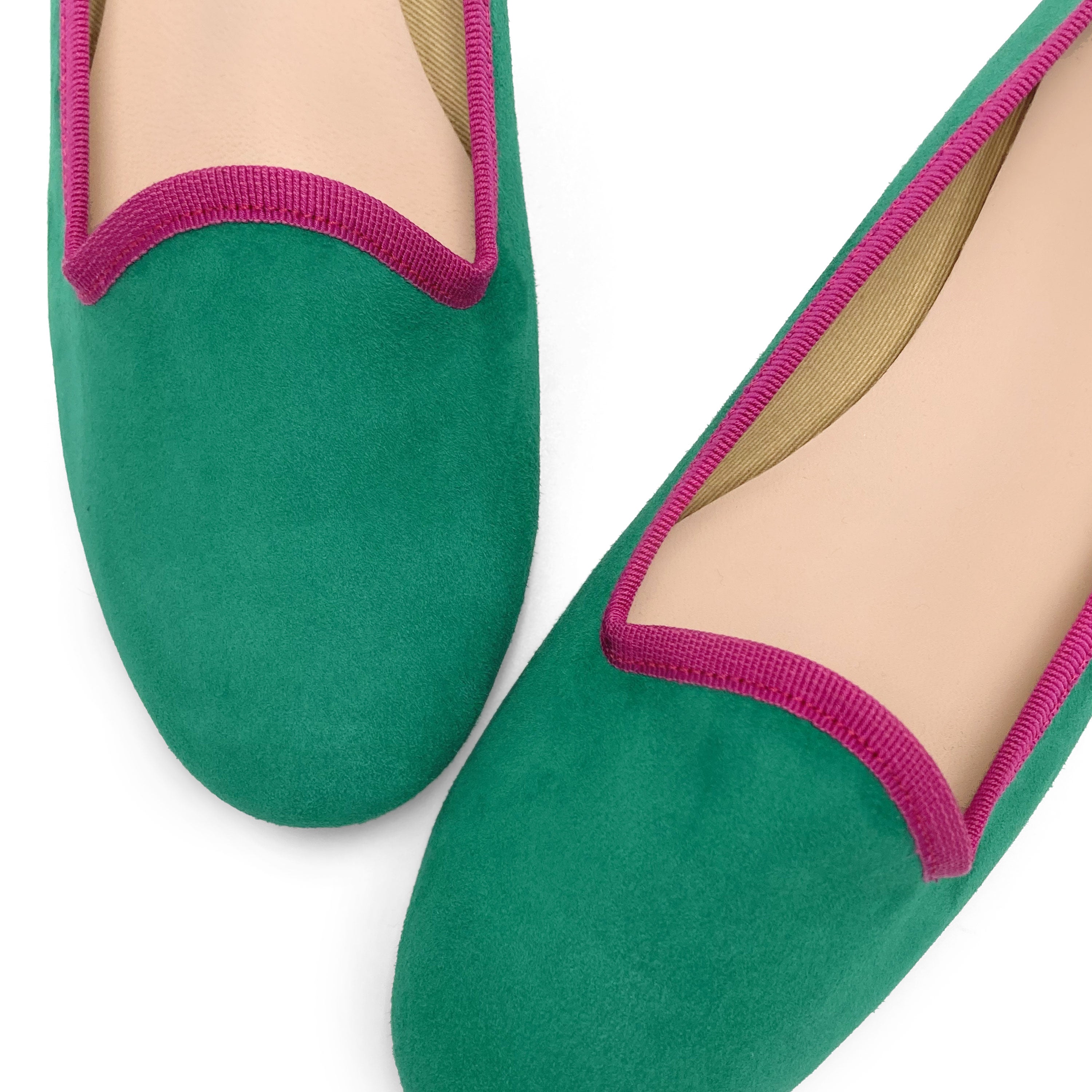 Women’s Emerald Green Suede Loafers with Fuchsia Details
