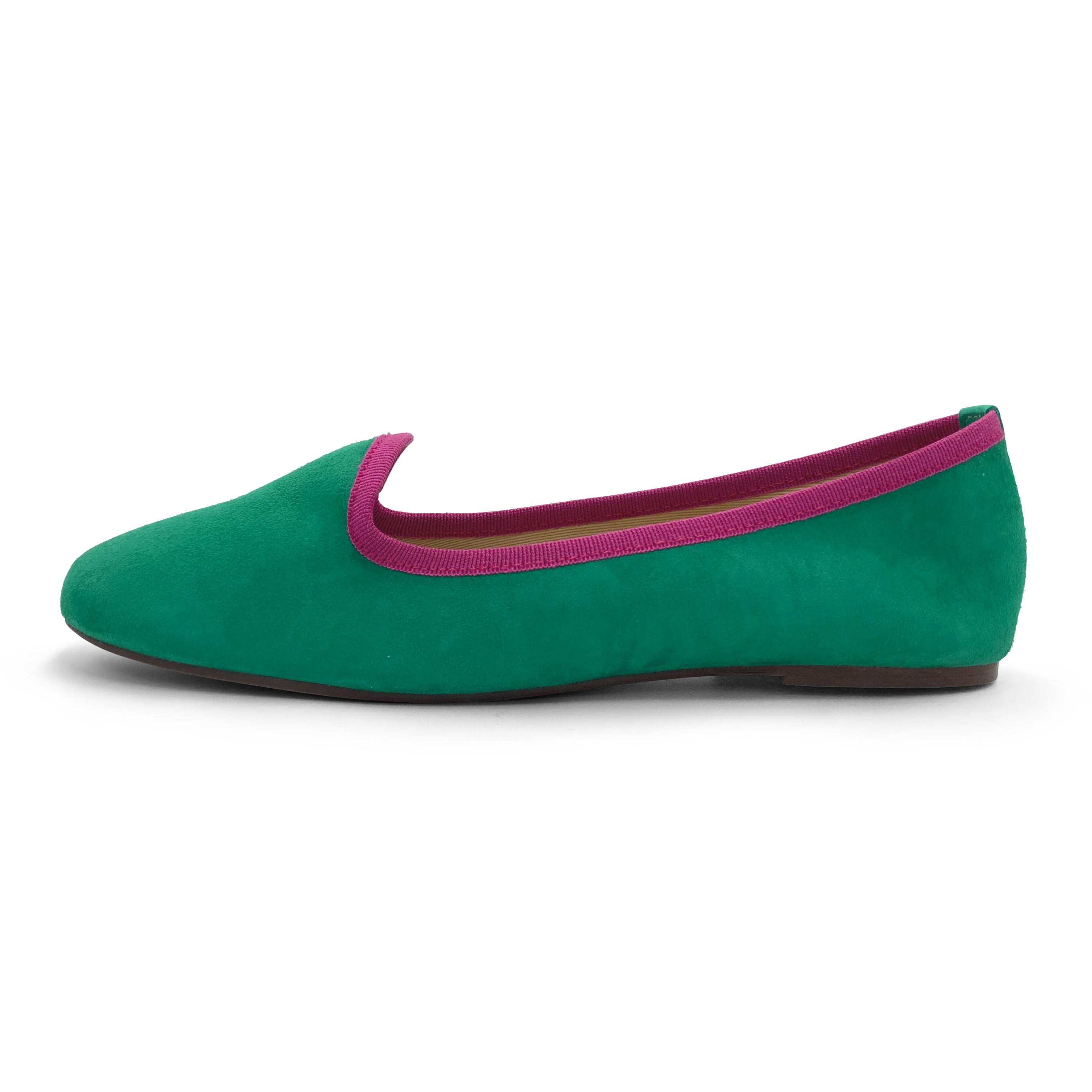 Women’s Emerald Green Suede Loafers with Fuchsia Details