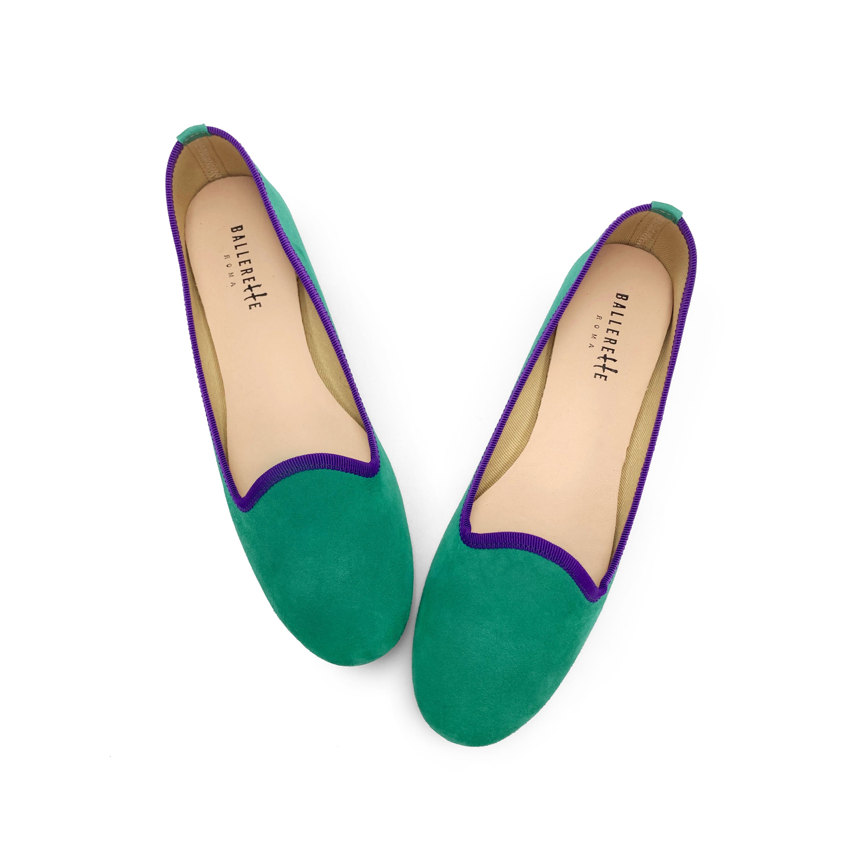 Women loafers in emerald green suede with purple details