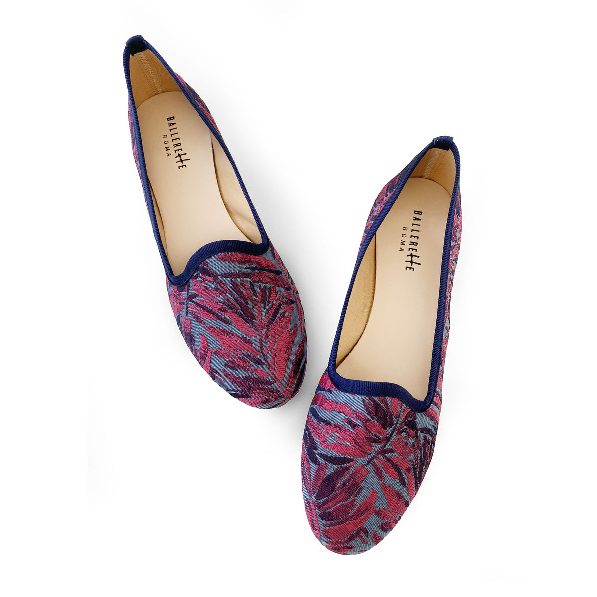 Slippers fucsia e blu in tessuto jacquard tropicale