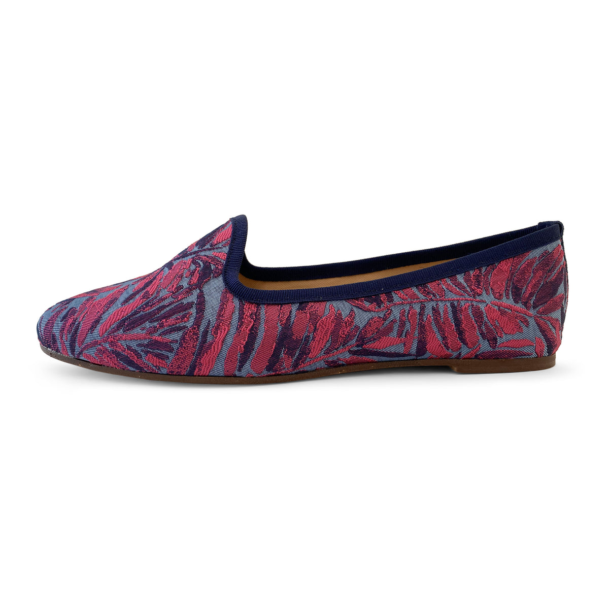 Slippers fucsia e blu in tessuto jacquard tropicale