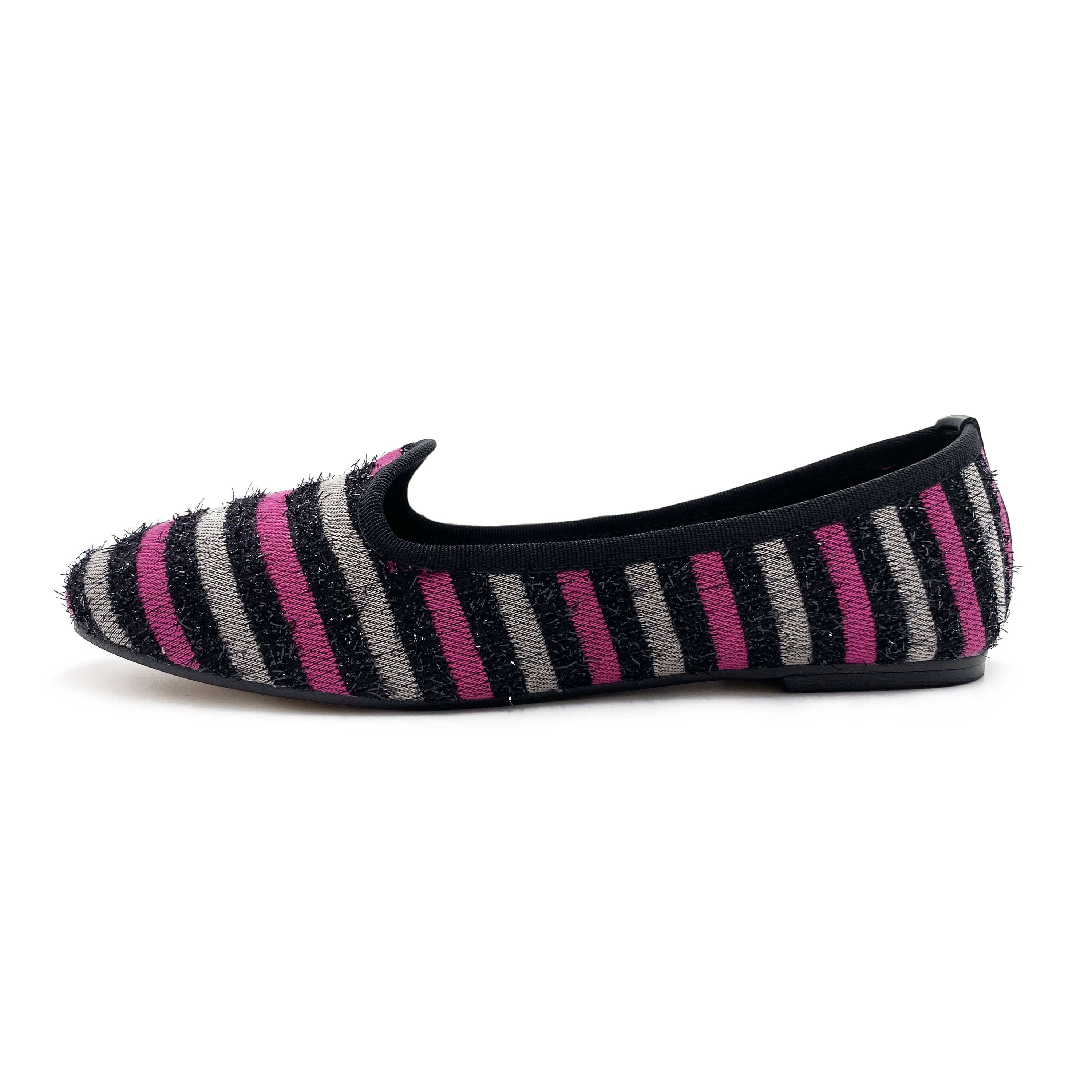 Slippers donna in tessuto a righe fucsia e grigie