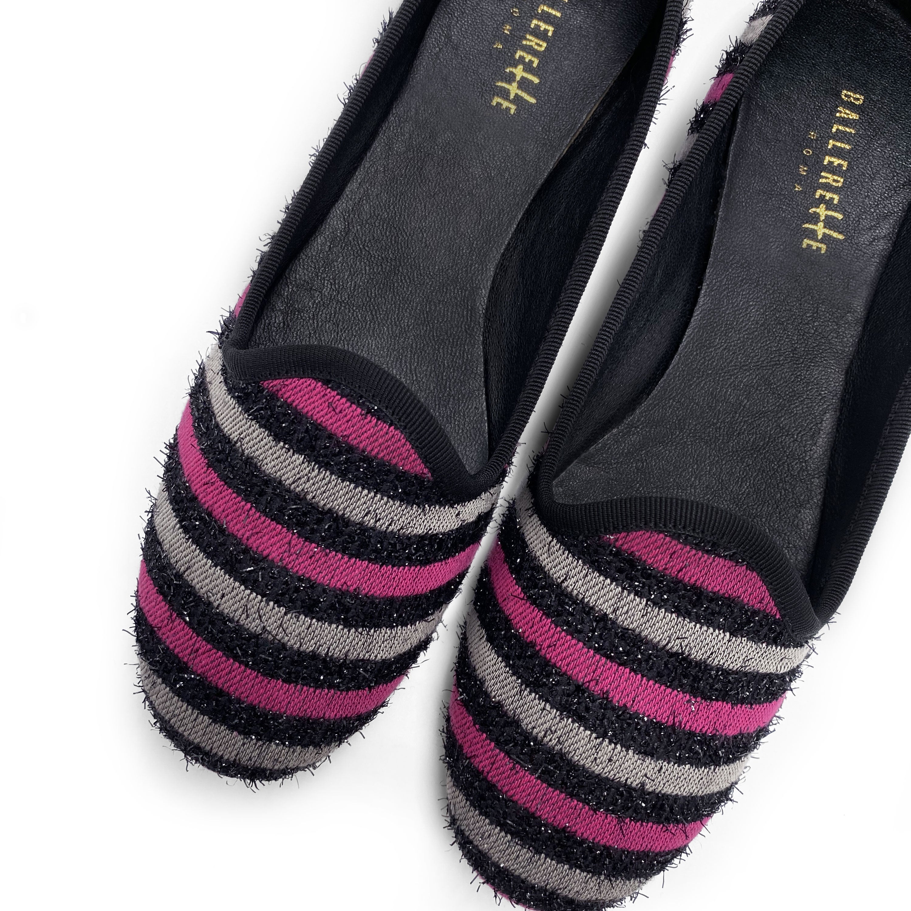 Women's slippers in fuchsia and gray striped fabric