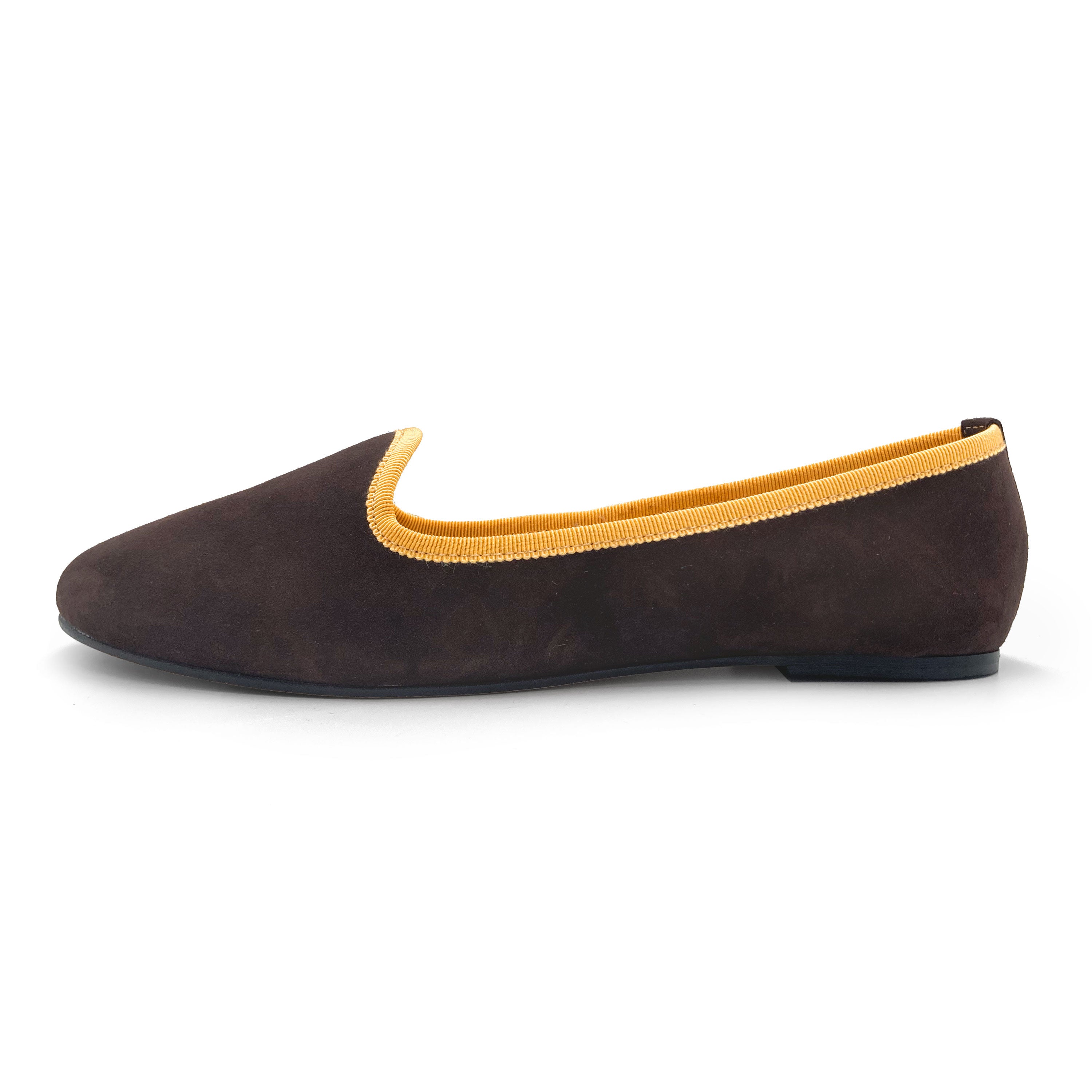 Women loafers in dark brown suede with ochre details