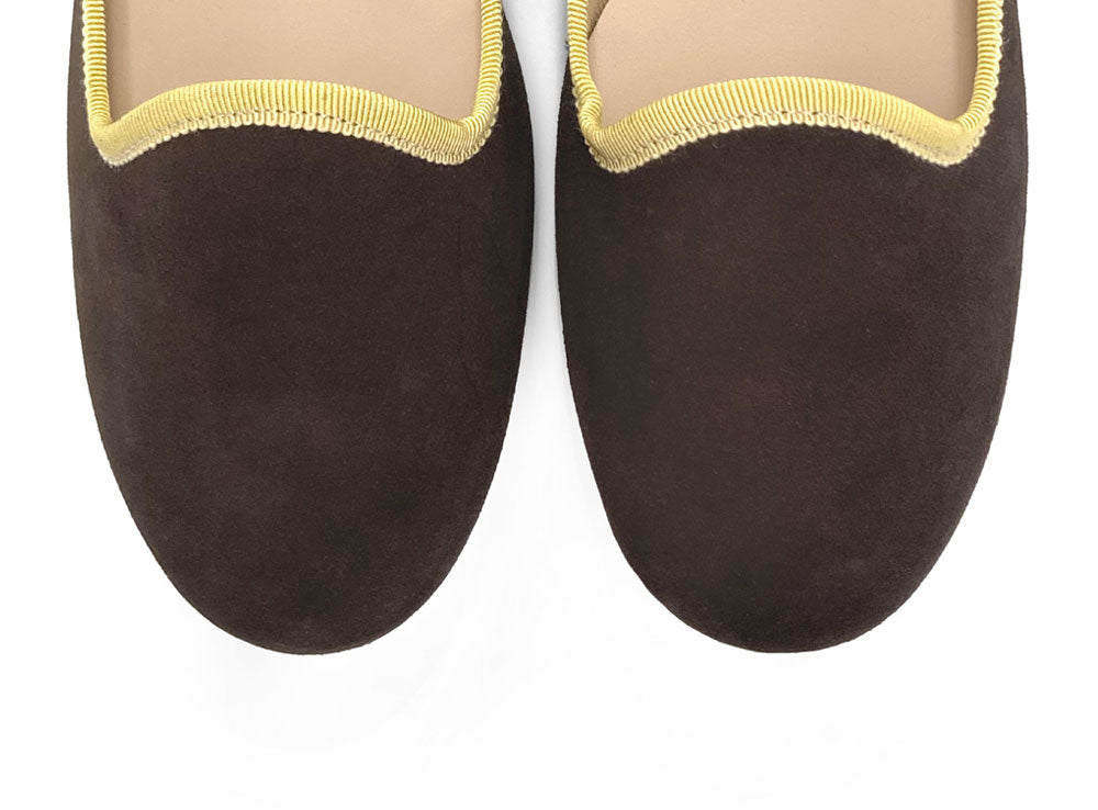 Women loafers in dark brown suede with yellow details