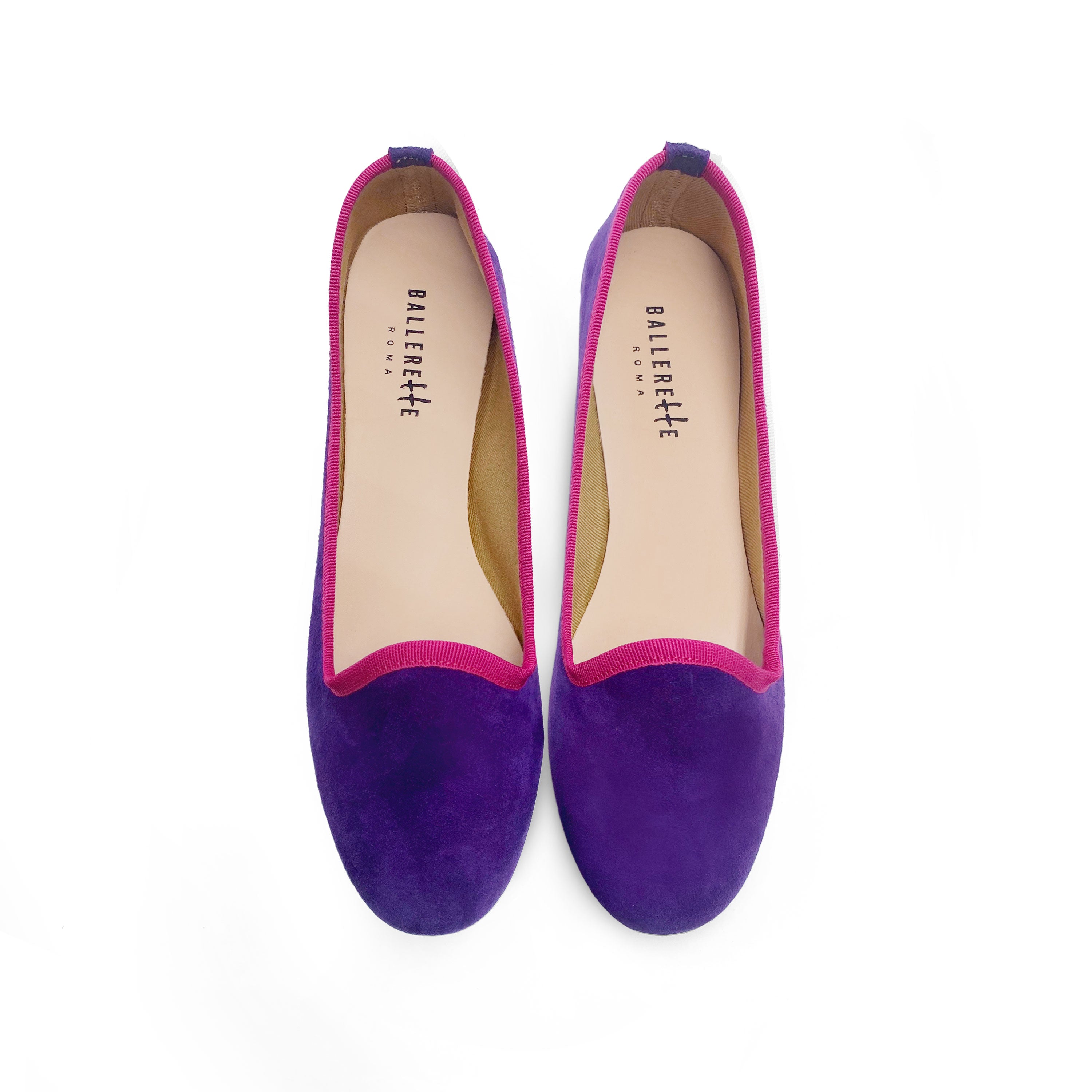 Women loafers in purple suede with fuchsia details