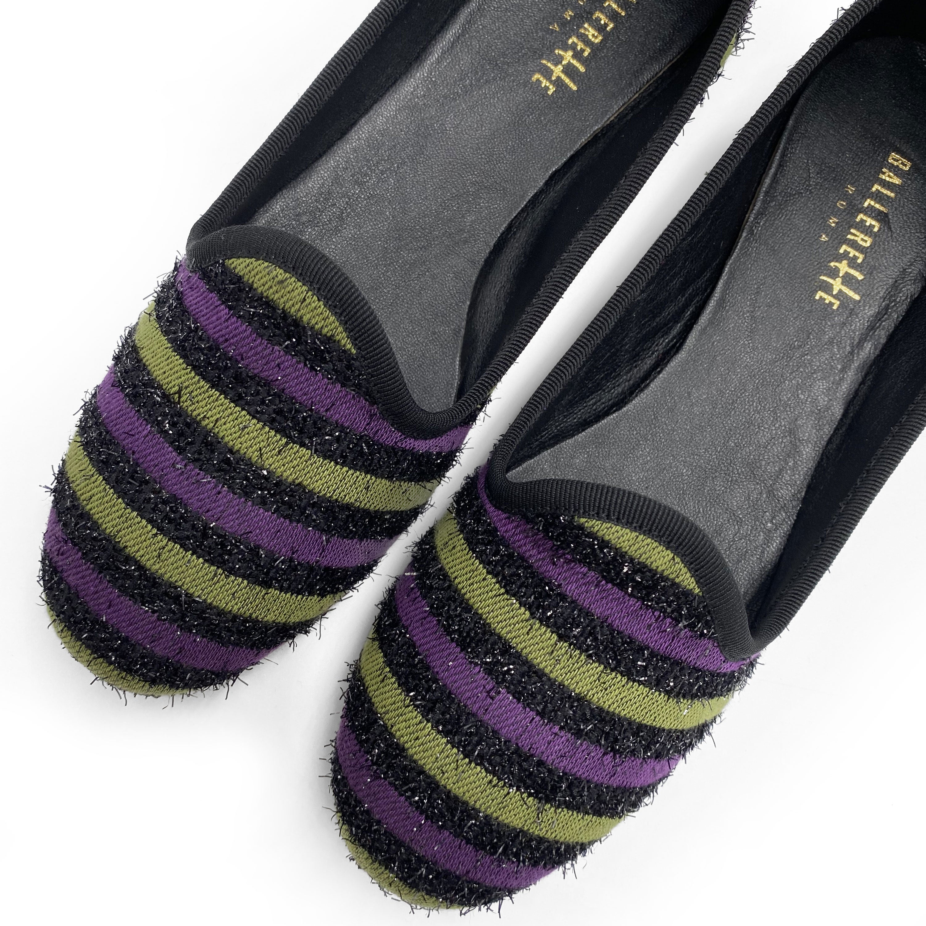 Slippers donna in tessuto a righe viola e verdi