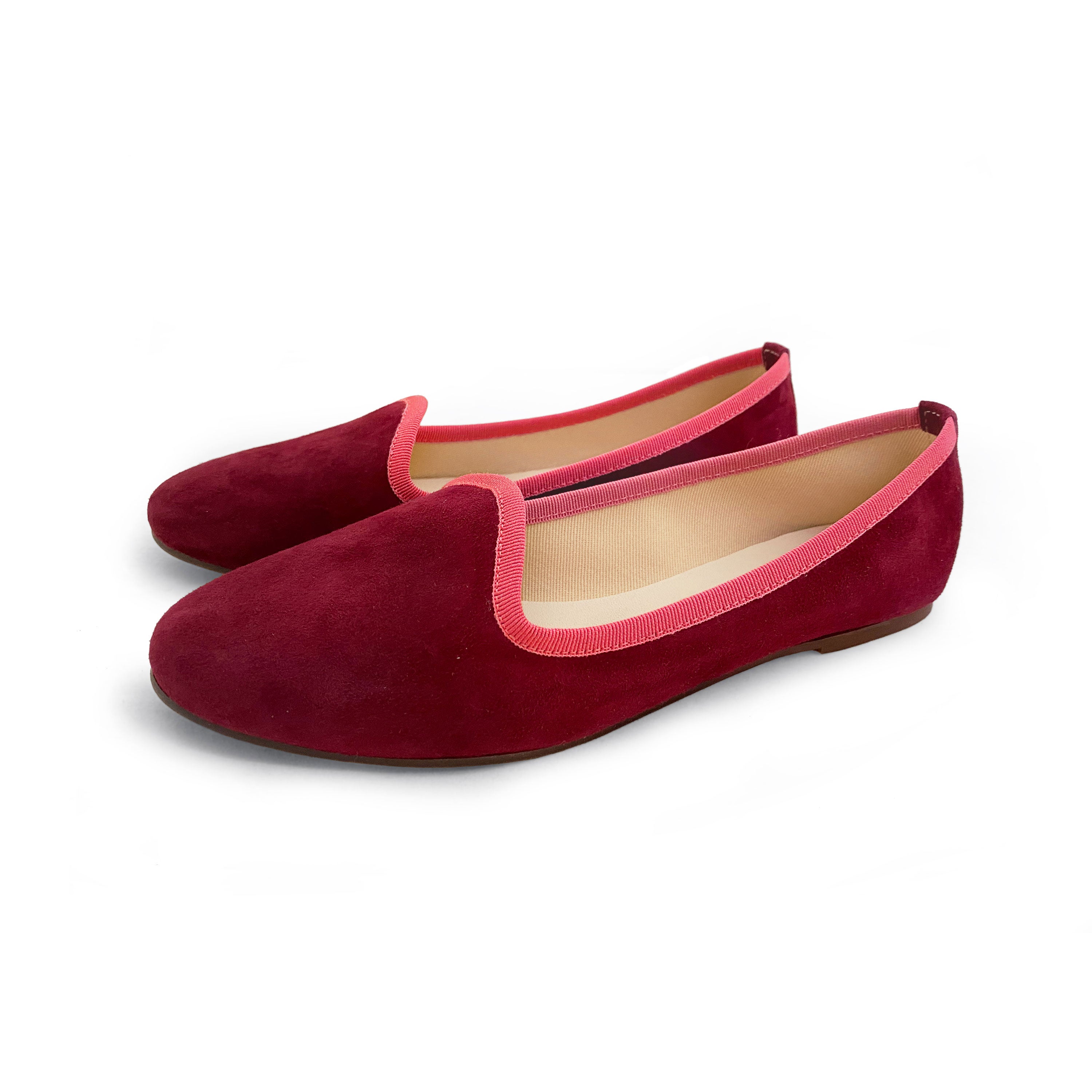 Slippers donna in camoscio bordeaux e gros grain fragola