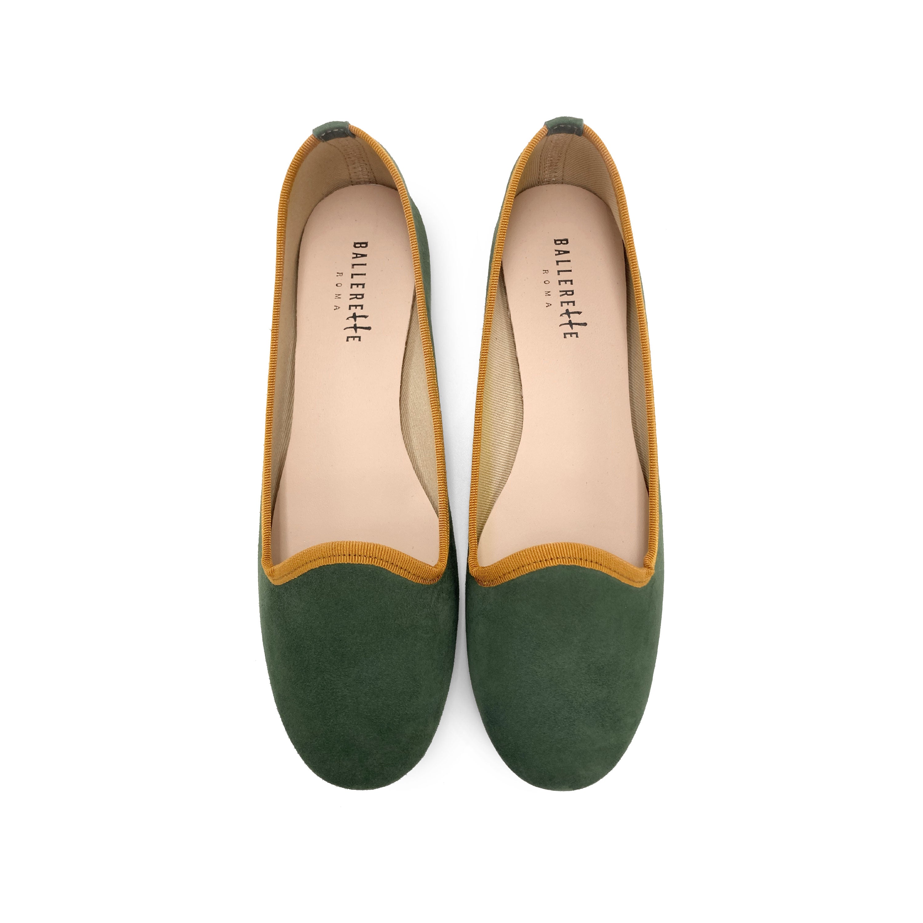 Women loafers in forest green suede with amber yellow details