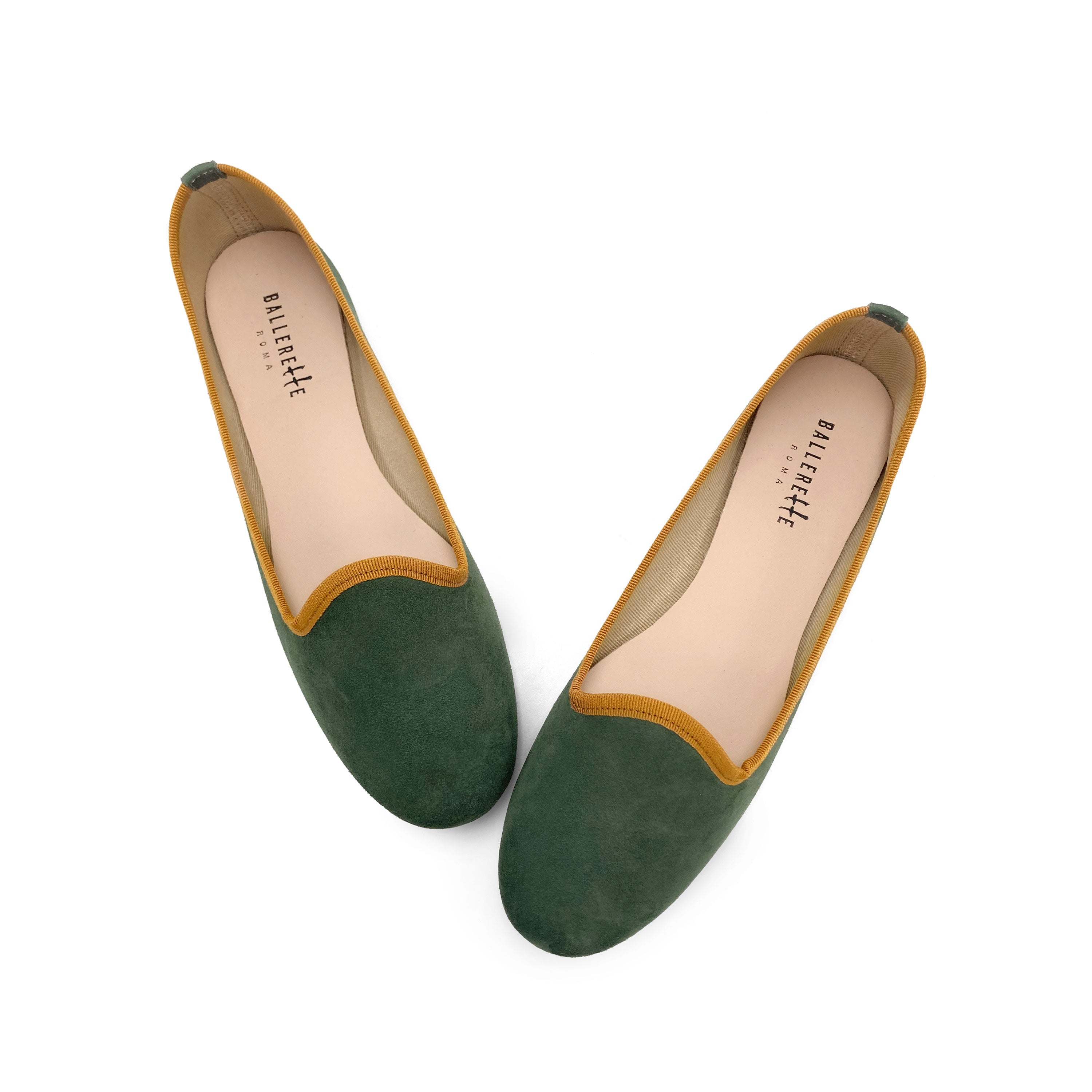 Women loafers in forest green suede with amber yellow details