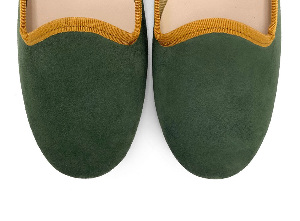 Women loafers in forest green suede with amber yellow details
