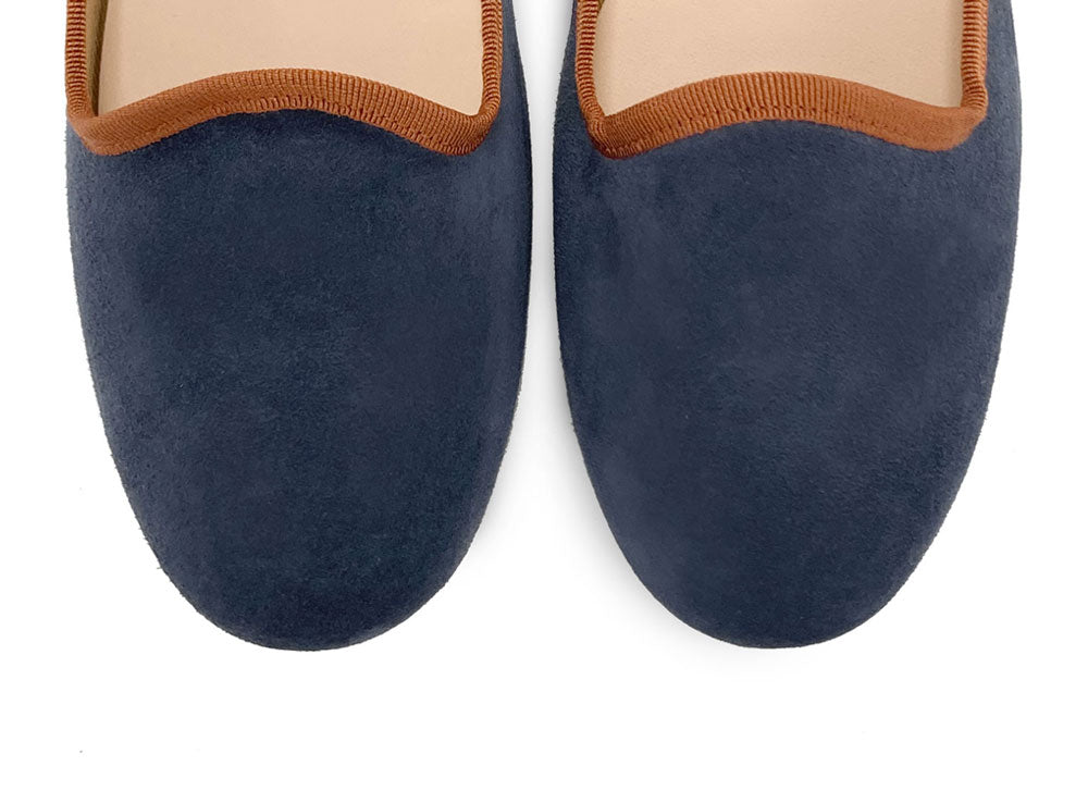 Women loafers in petrol blue suede with terracotta details
