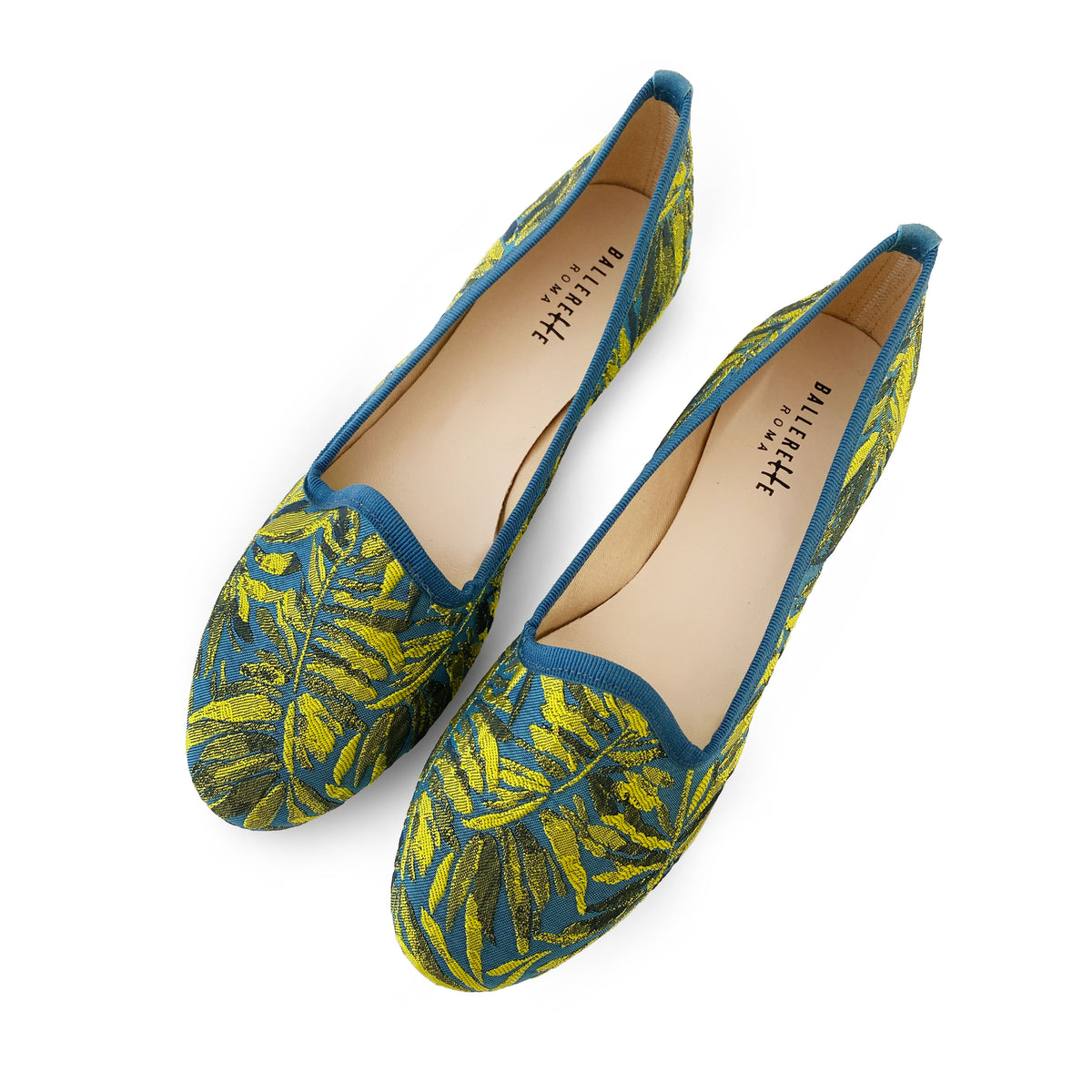 Slippers blu petrolio e giallo in tessuto jacquard tropicale