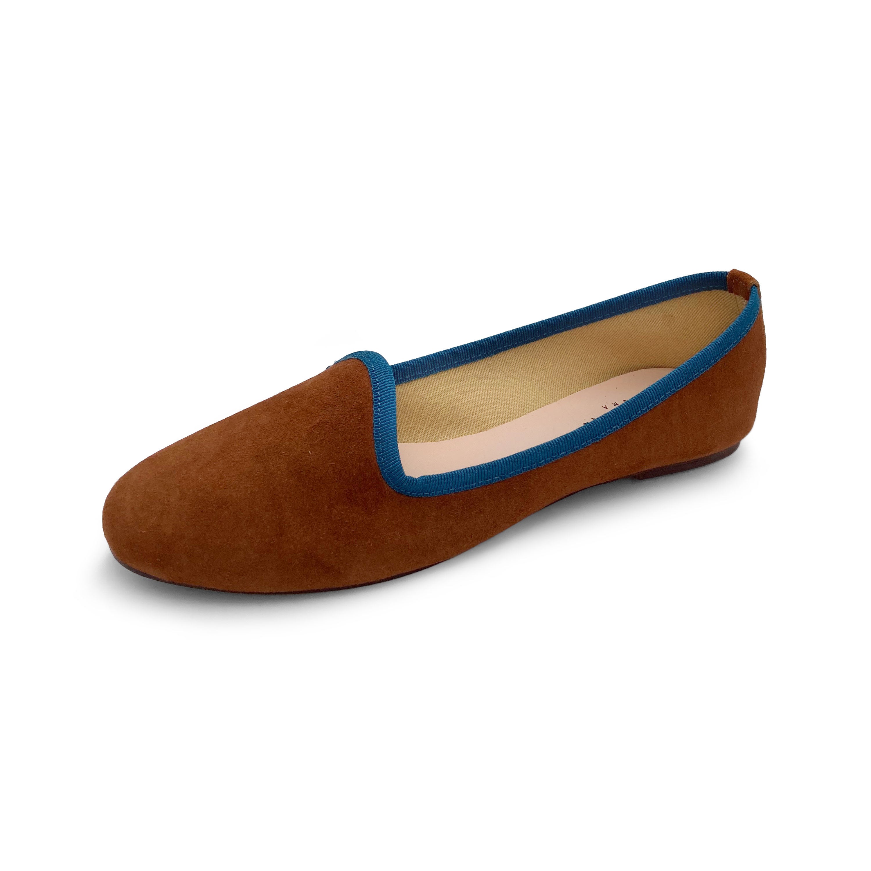 Slippers donna in camoscio marrone e dettagli blu