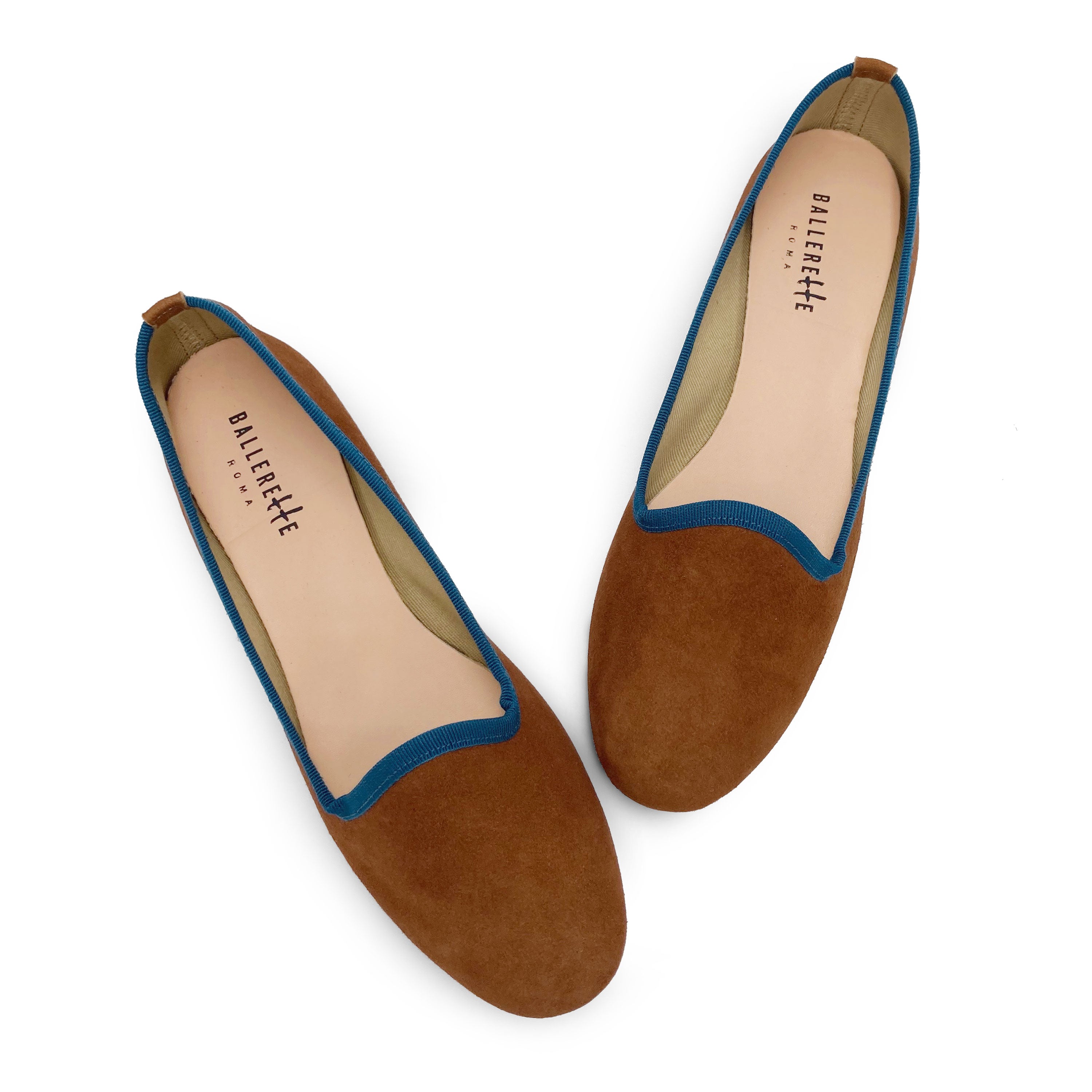 Slippers donna in camoscio marrone e dettagli blu
