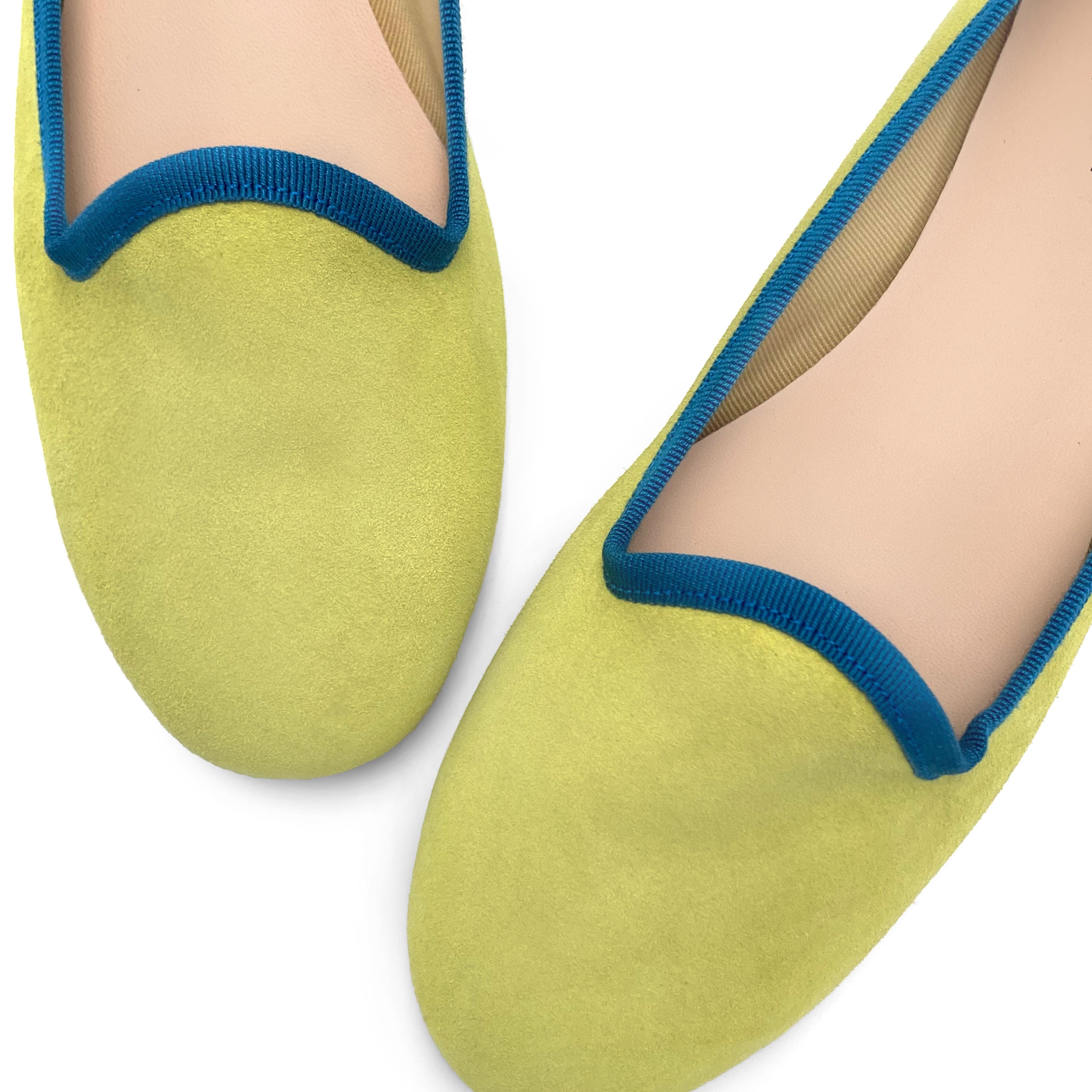 Women’s Lime Green Suede Loafers with Petrol Blue Details