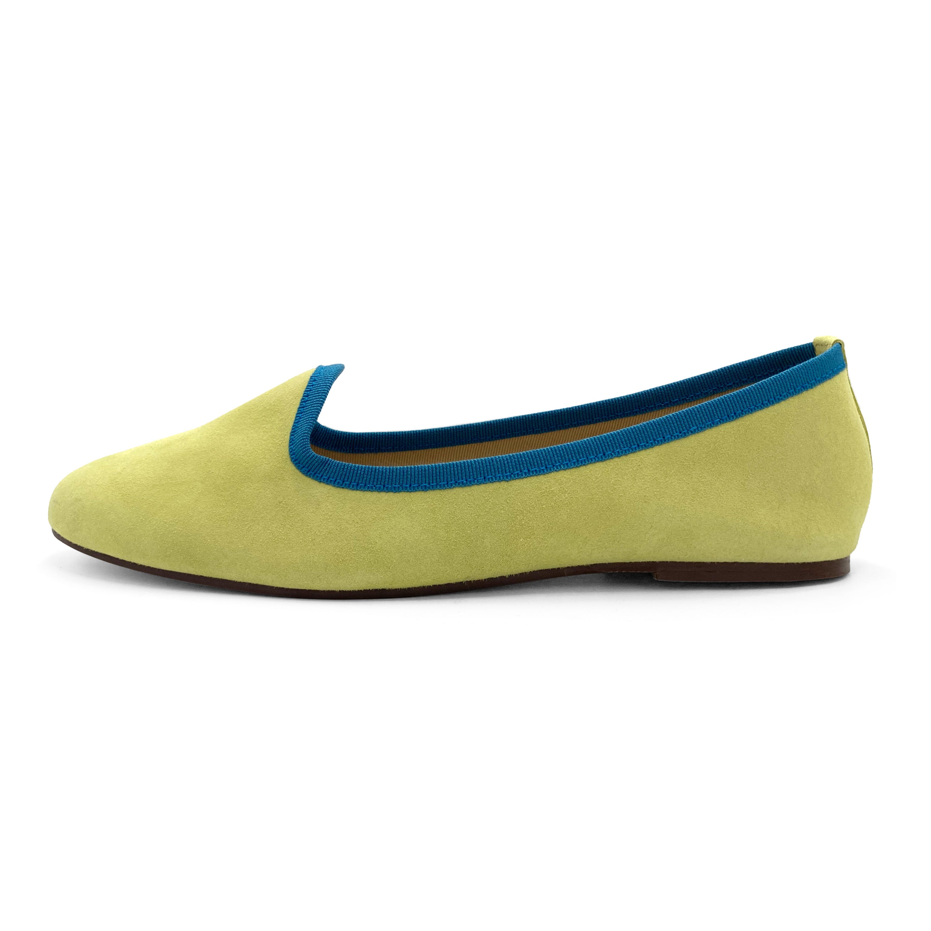 Women’s Lime Green Suede Loafers with Petrol Blue Details