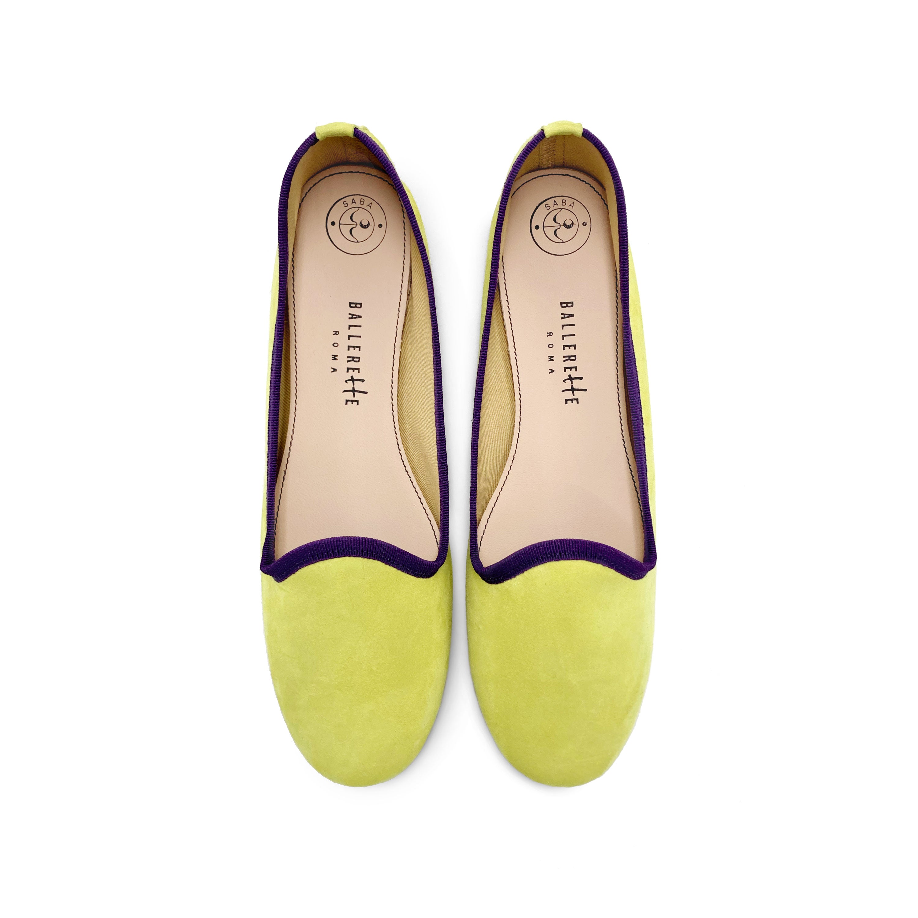 Slippers donna in camoscio lime e dettagli viola
