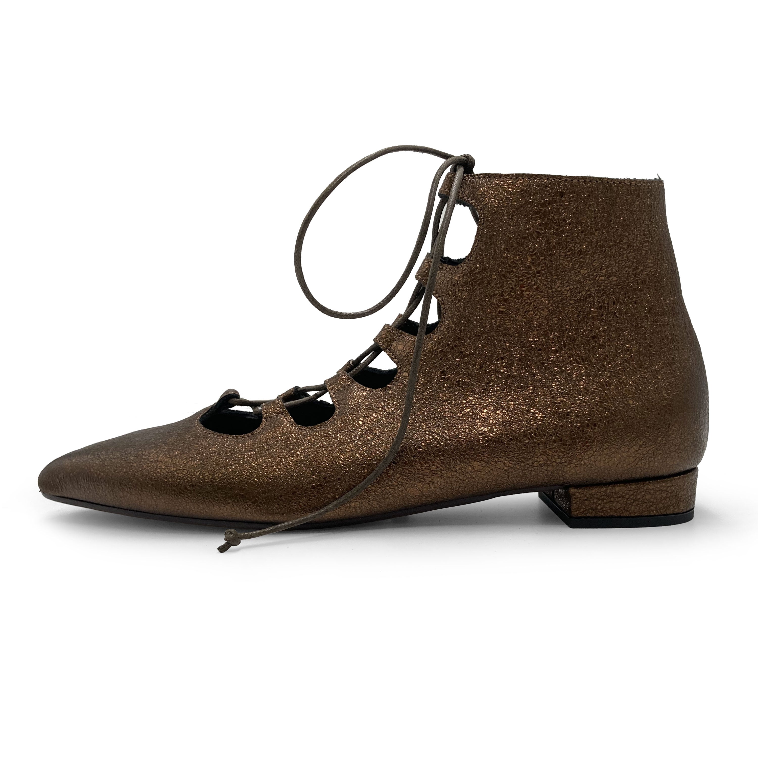 Bronzen glänzende, spitze Knöchel‑Stiefeletten mit Schnürung