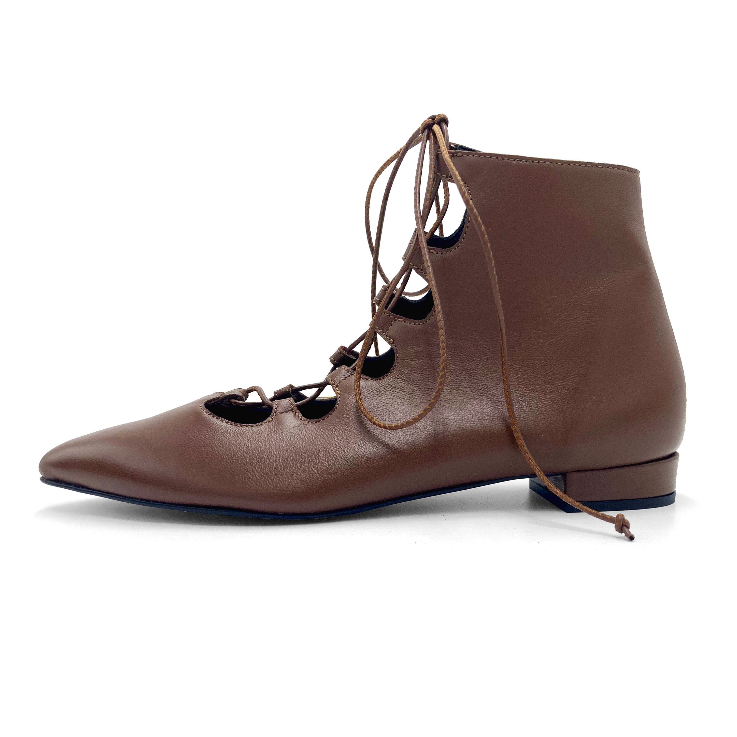 Brown pointed ankle boots with laces