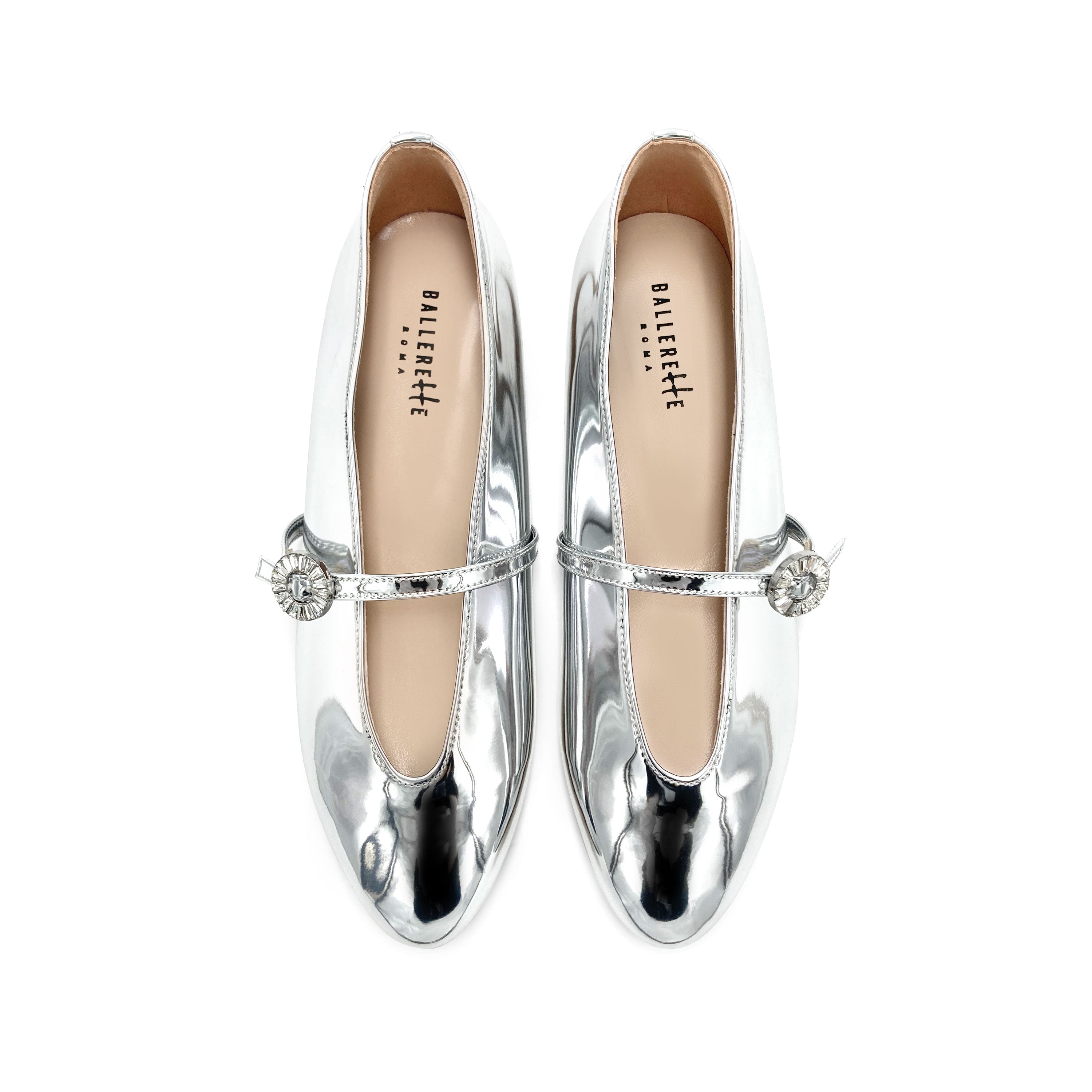 Ballerine argento specchiato con scollo a V e cinturino gioiello