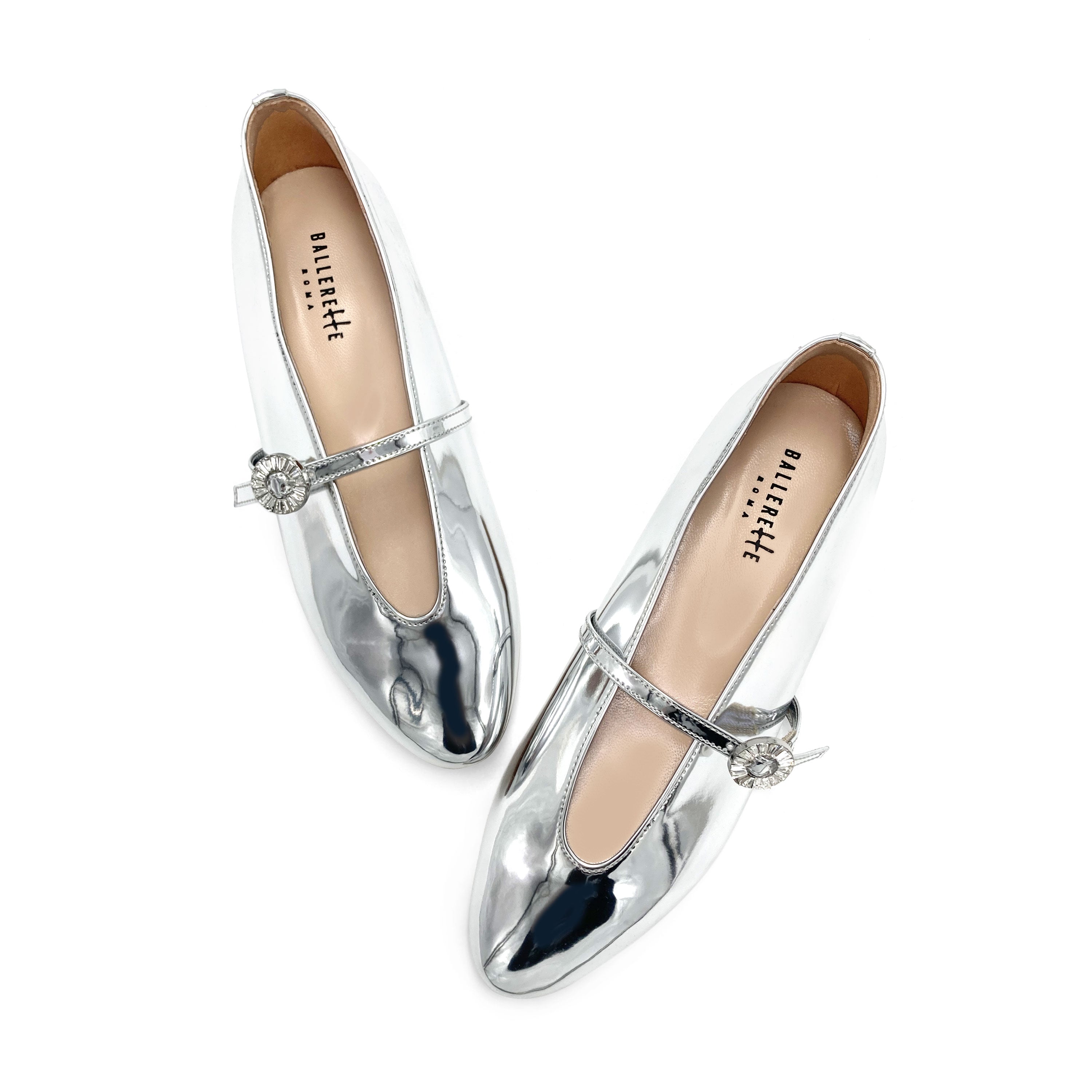 Ballerine argento specchiato con scollo a V e cinturino gioiello
