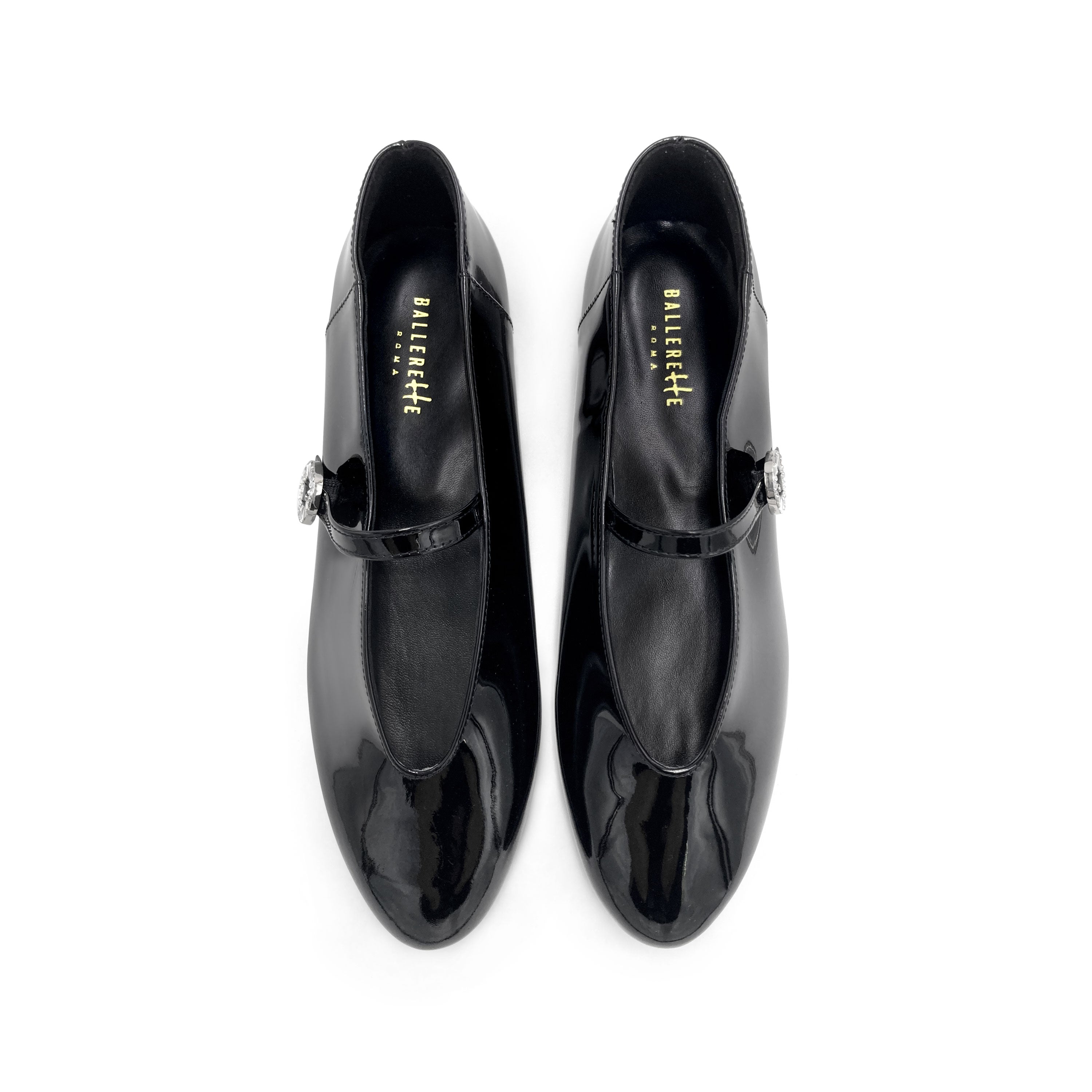 Ballerines Mary Jane vernies noires à encolure en V et bride bijou