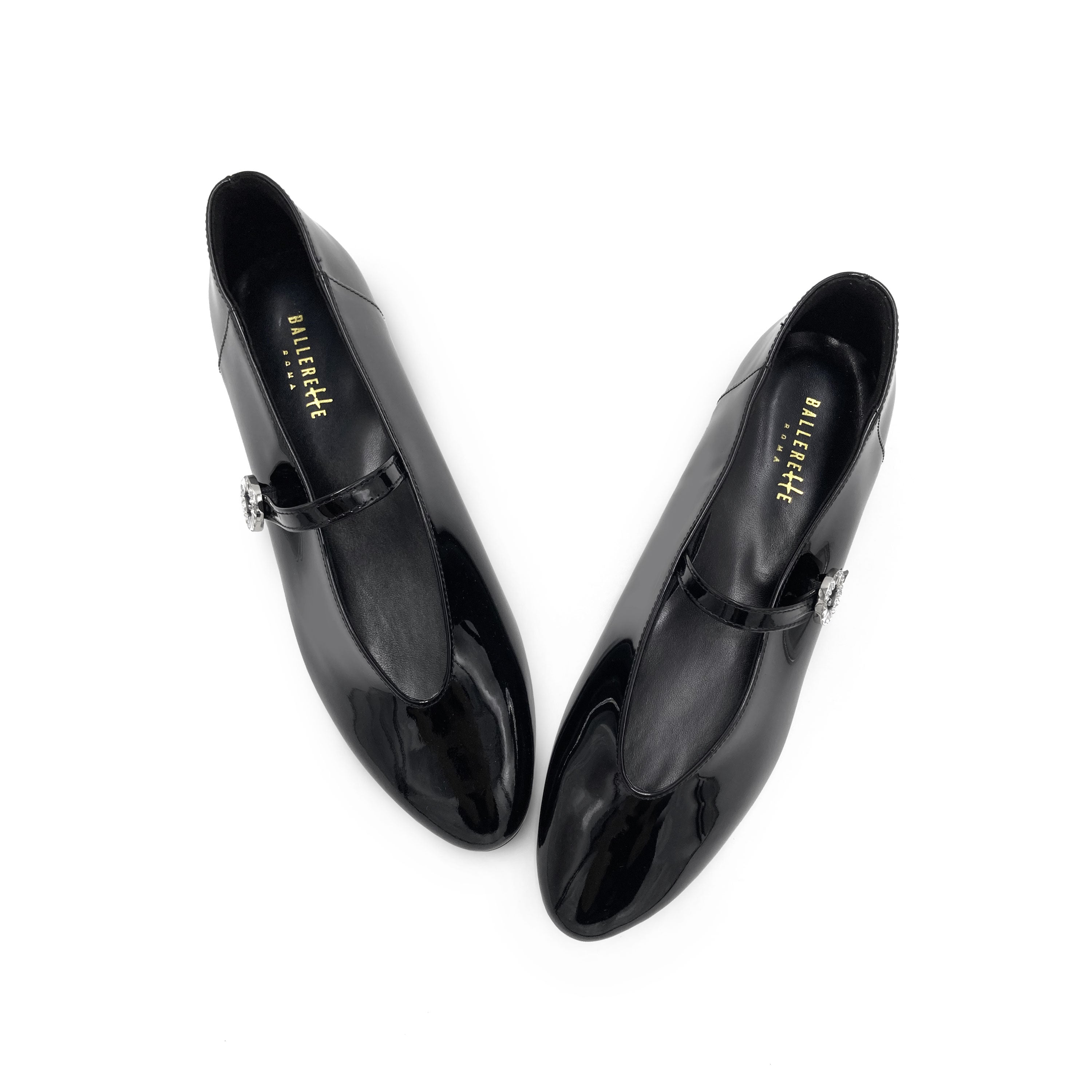 Ballerines Mary Jane vernies noires à encolure en V et bride bijou