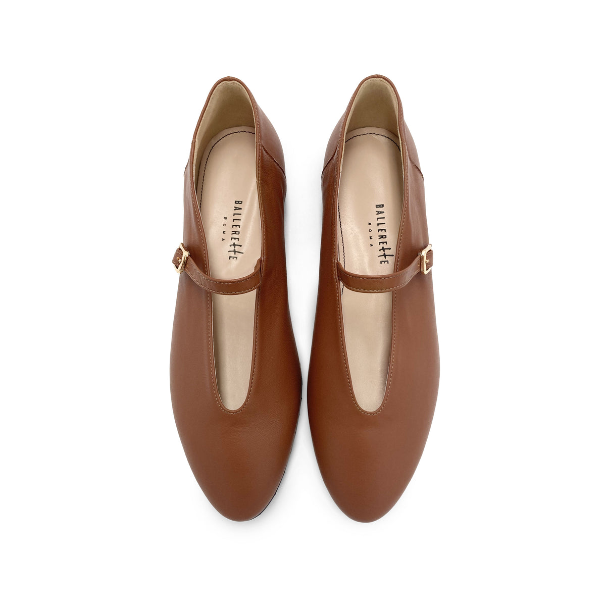 Ballerine marroni in pelle con scollo a V e cinturino