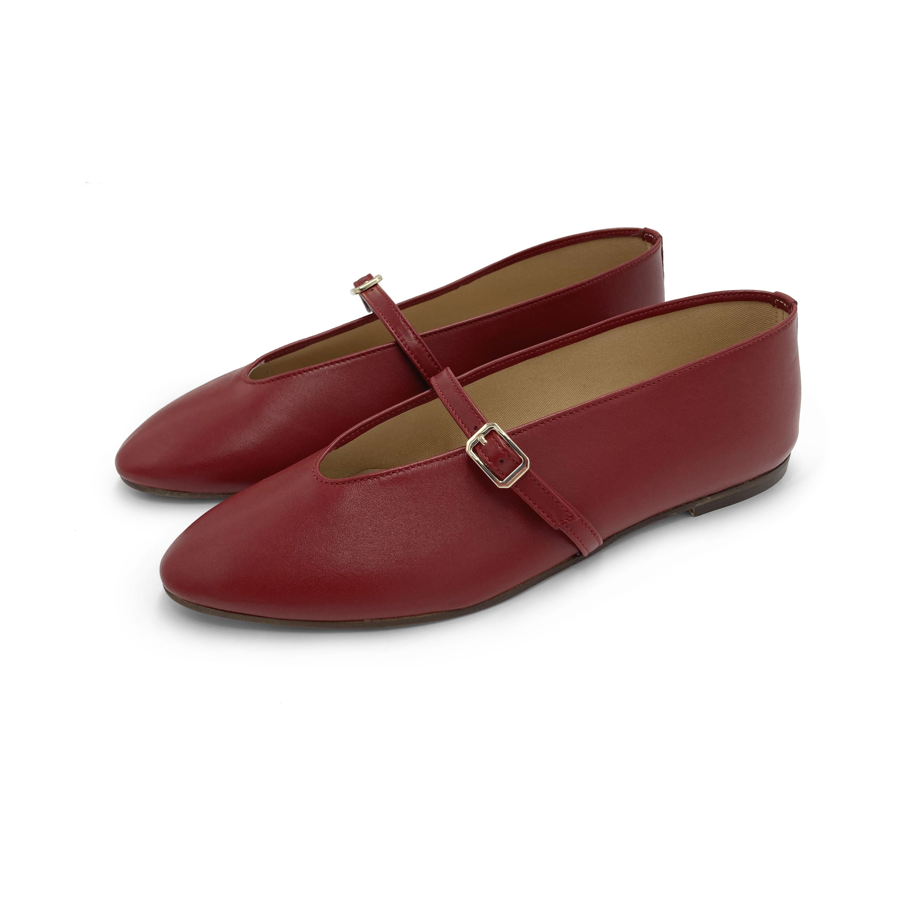Red leather ballet flats with V-cut and strap